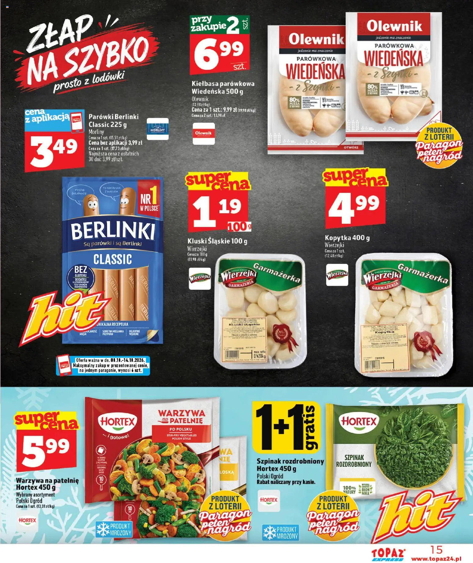 Topaz gazetka - Express od 08.10.2026 | Strona: 15 | Produkty: Kiełbasa, Warzywa na patelnie, Parówki, Lodówki