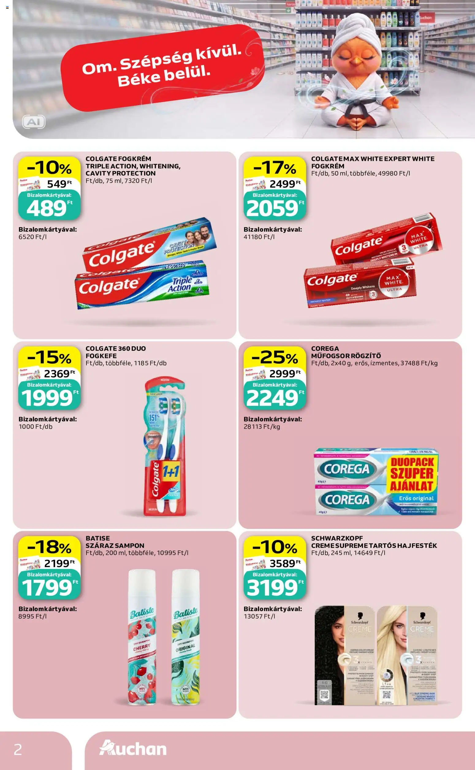 Auchan akciós ujság - amely érvényes a következő dátumtól: 2026.08.21. | Oldal: 2 | Termékek: Colgate, Corega, Sampon, Fogkefe