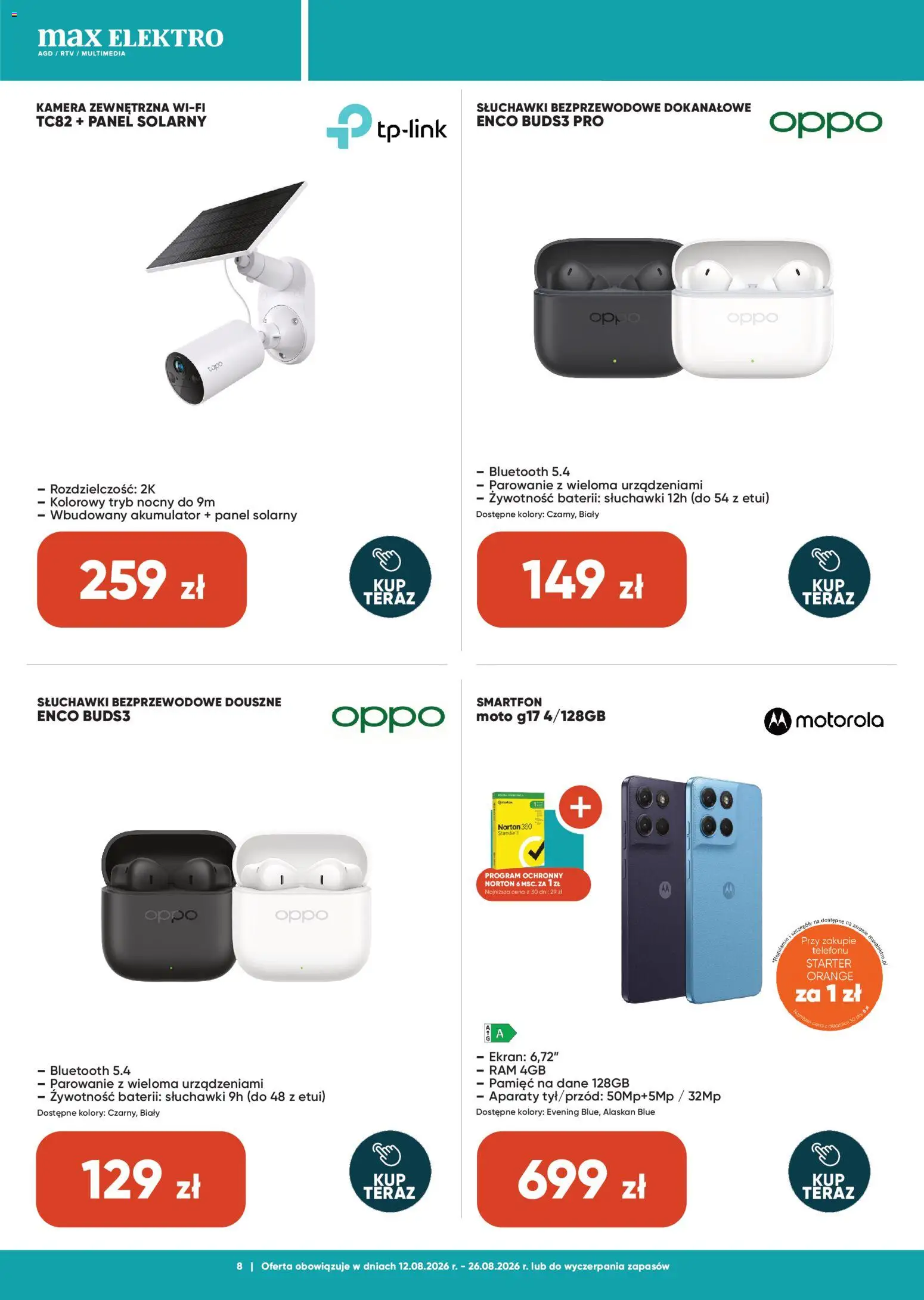 Max elektro gazetka od 12.08.2026 | Strona: 8 | Produkty: Smartfon, Starter, Słuchawki, Słuchawki bezprzewodowe