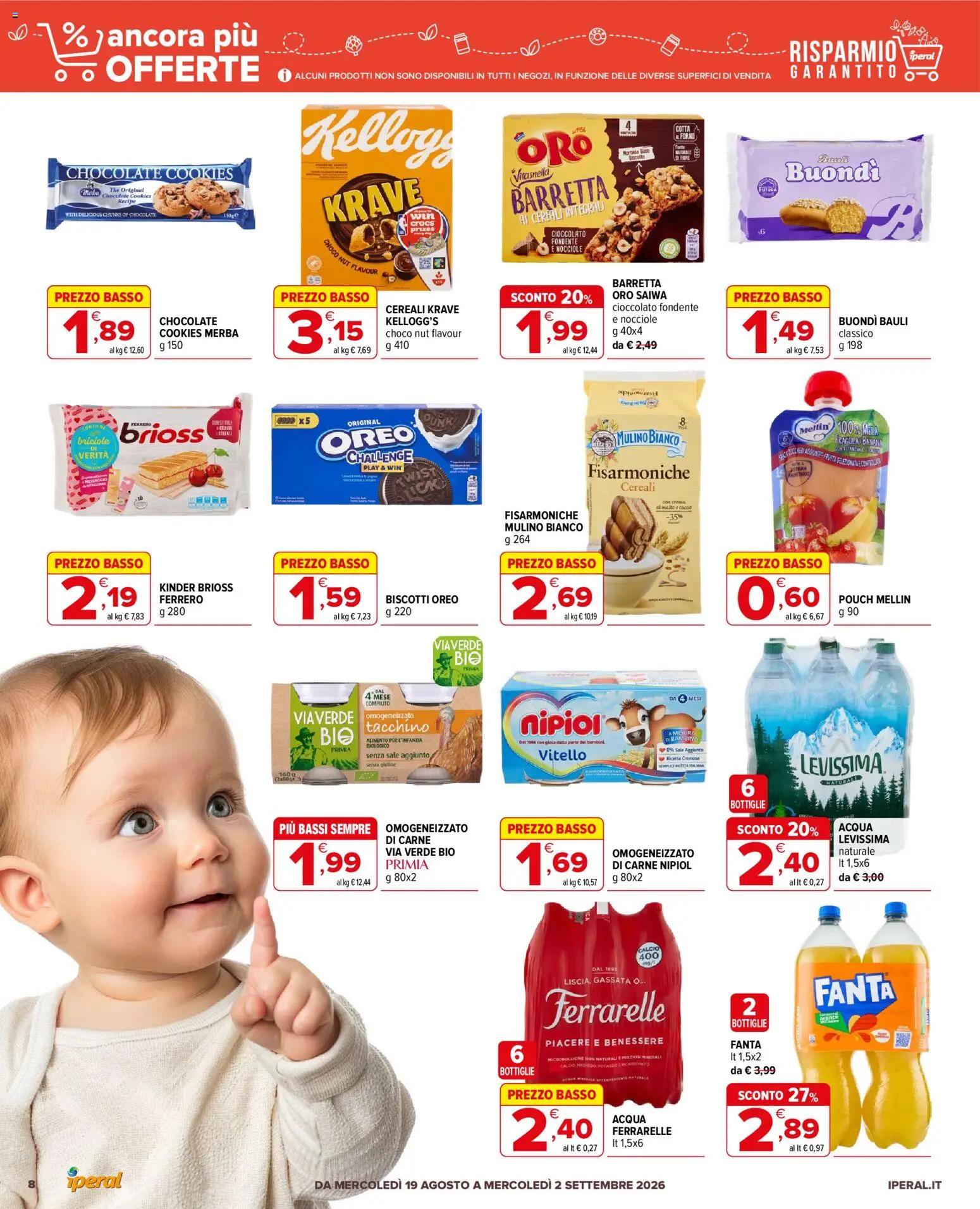 Volantino Iperal del 19/08/2026 | Pagina: 8 | Prodotti: Cioccolato, Biscotti, The, Ferrarelle