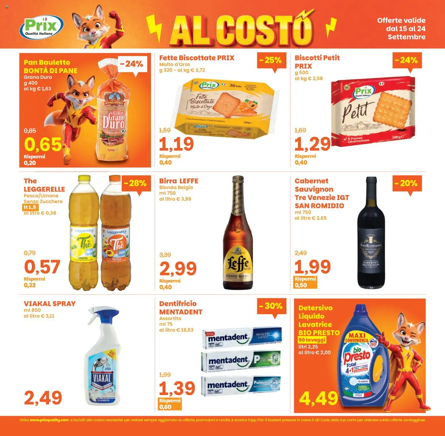 Volantino Prix del 15/09/2026 | Pagina: 4 | Prodotti: Pane, Birra Leffe, Limone, Pesca