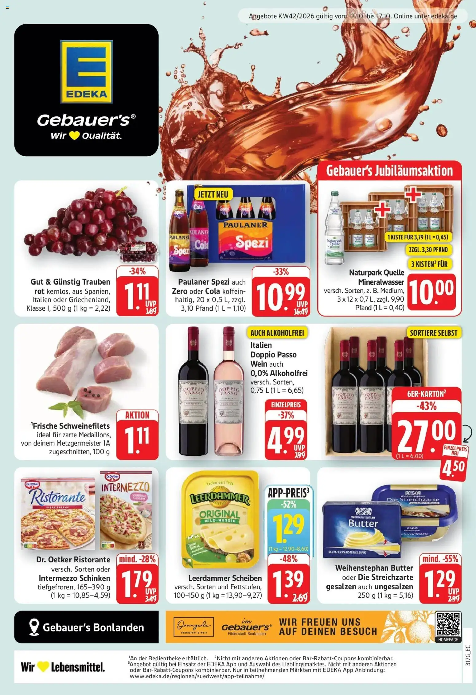 Edeka Prospekt Filderstadt-Bonlanden (ab 12.10.2026) » Angebote Online | Seite: 1 | Produkte: Ristorante, Paulaner spezi, Leerdammer, Schinken