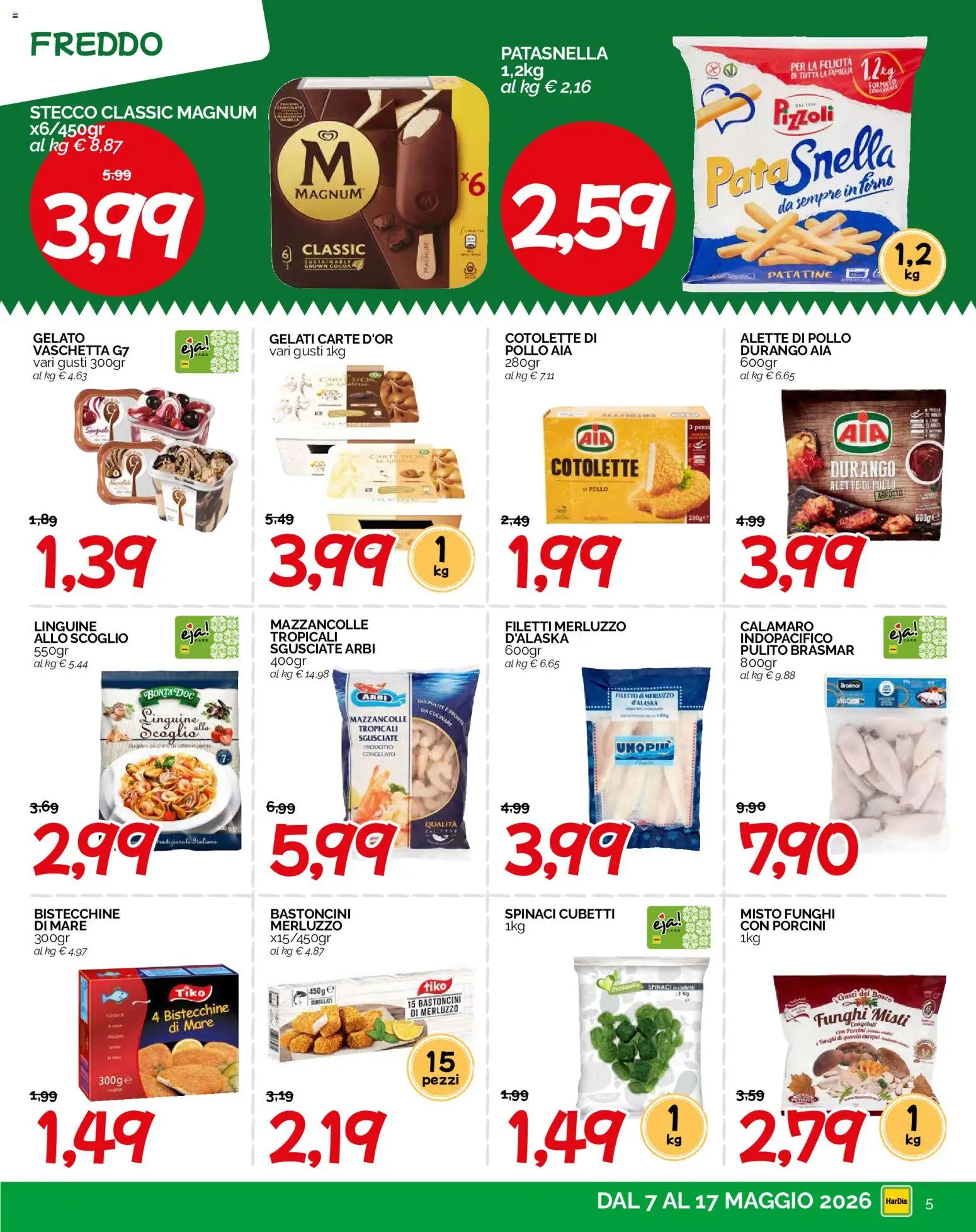 Volantino HarDis del 07.05.2026 | Pagina: 5 | Prodotti: Pollo, Merluzzo, Mazzancolle, Spinaci