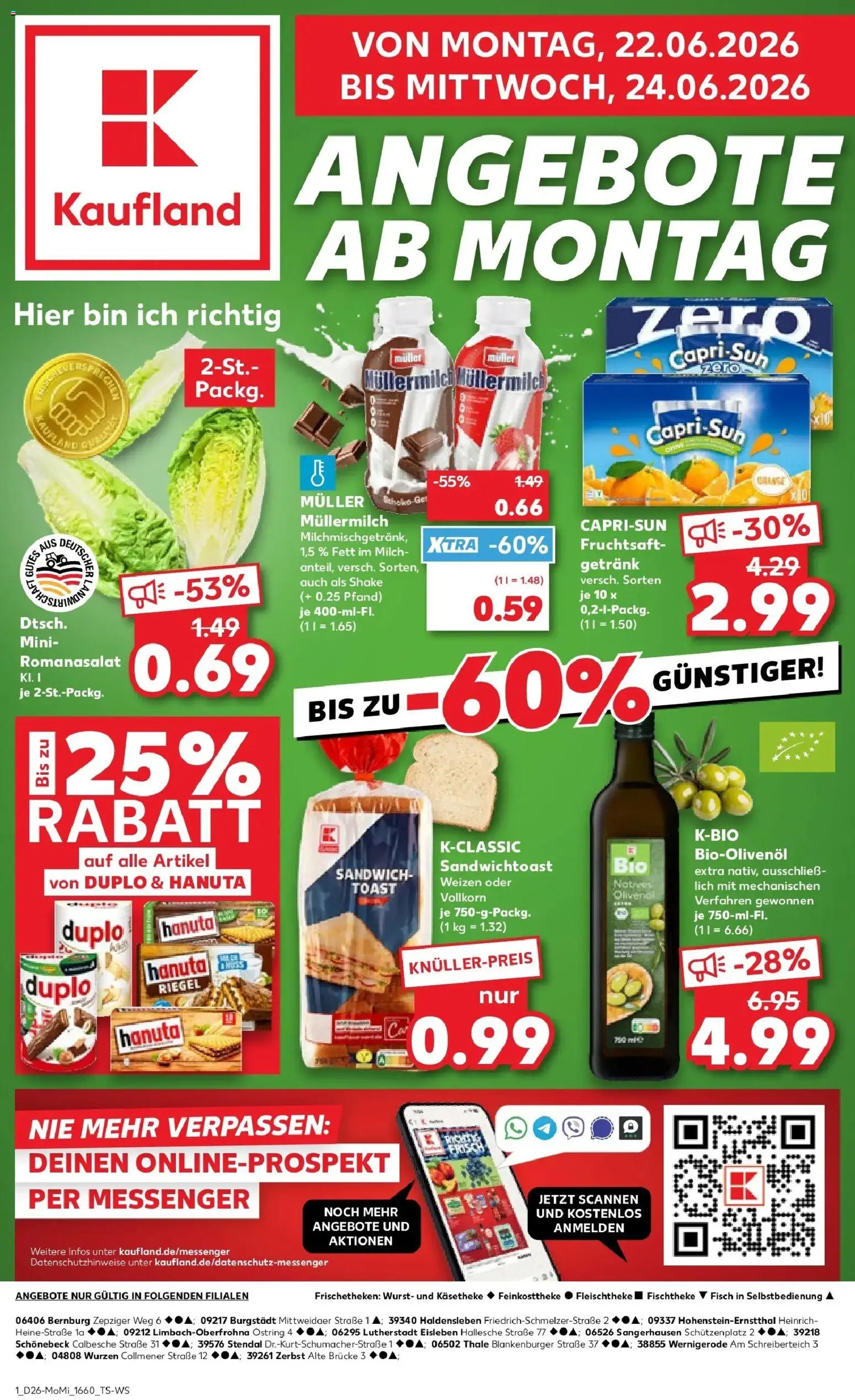 Kaufland Prospekt Stendal – gültig ab 22.06.2026 | Seite: 1 | Produkte: Milch, Toast, Fisch, Muller mullermilch