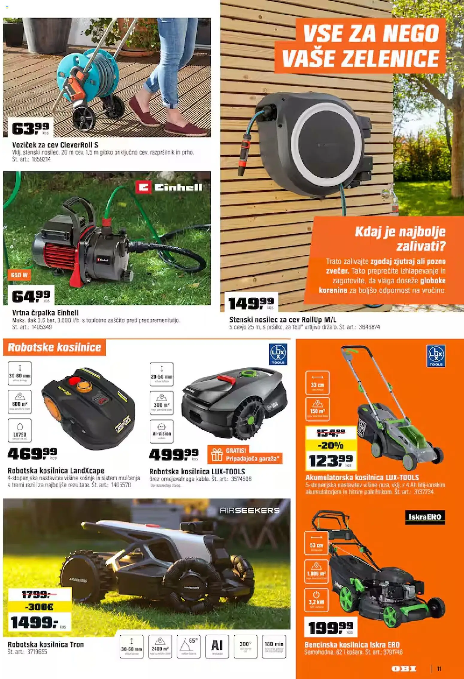 Novi OBI katalog ponudbe – veljaven od 02.06.2026 | Stran: 11 | Izdelki: Črpalka, Kosilnica, Robotska kosilnica, Voziček