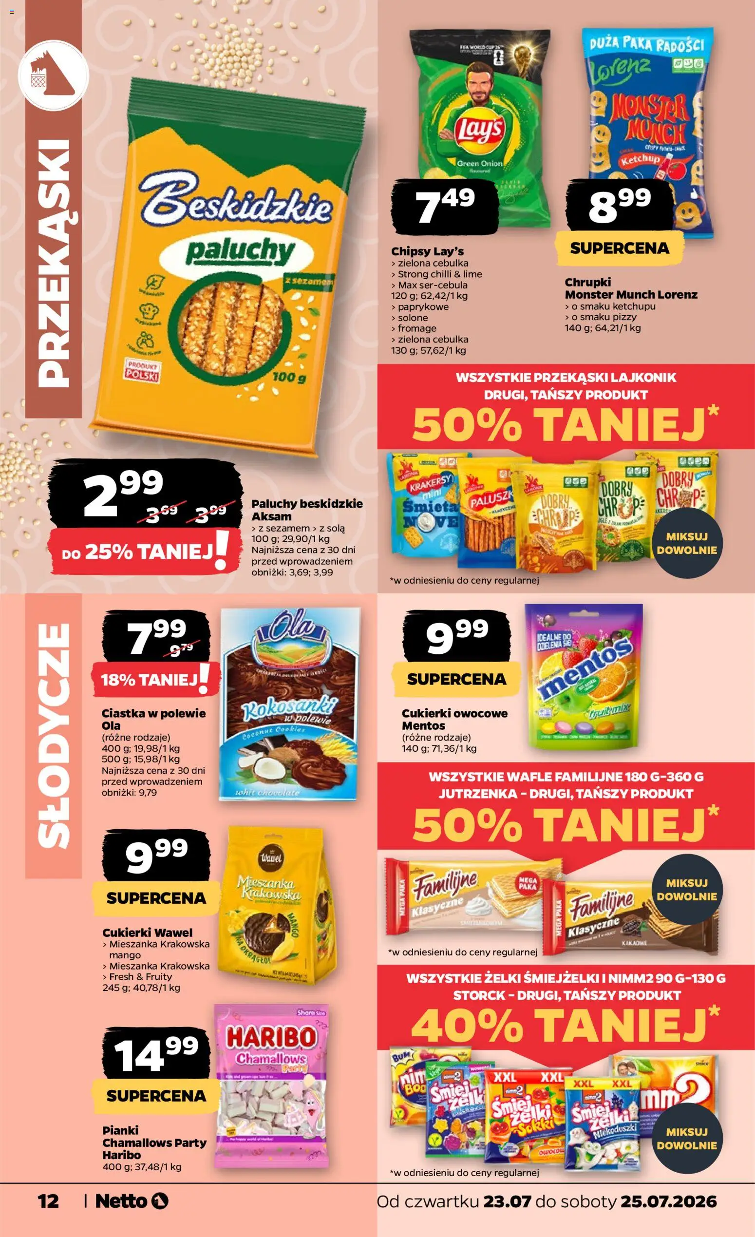 Netto gazetka od czwartku od 23.07.2026 | Strona: 12 | Produkty: Słodycze, Chrupki, Cukierki, Ciastka