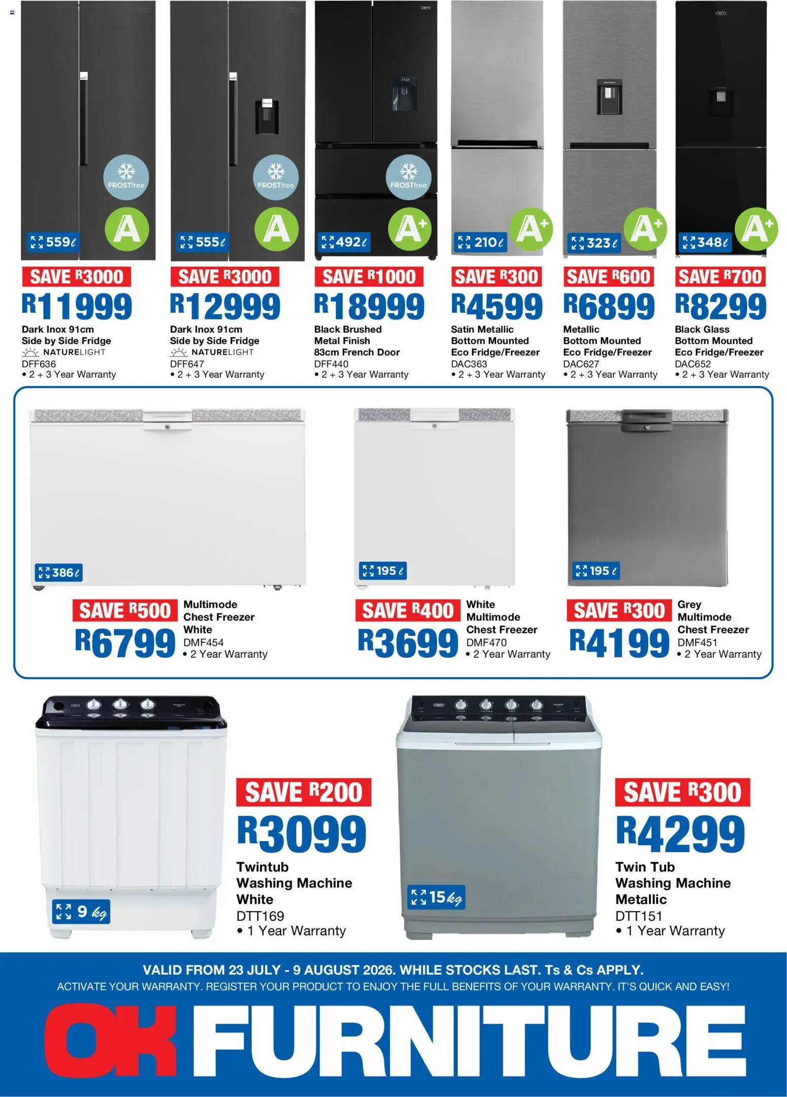 New OK Furniture catalogue – valid from 23/07/2026 | Page: 2 | Products: Freezer, Washing machine, Fridge, Chest freezer