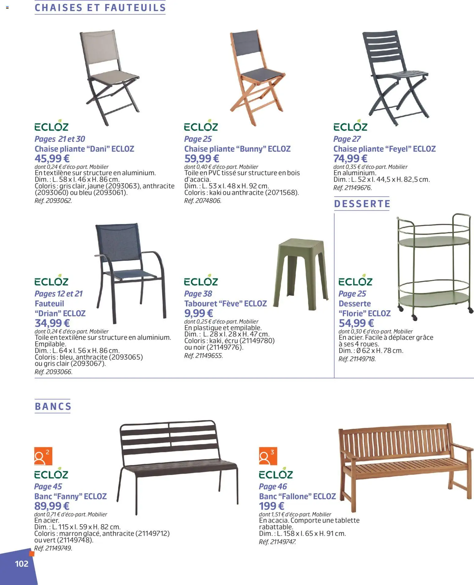 {H1} | Page: 102 | Produits: Tablette, Fève, Chaise pliante, Fauteuil