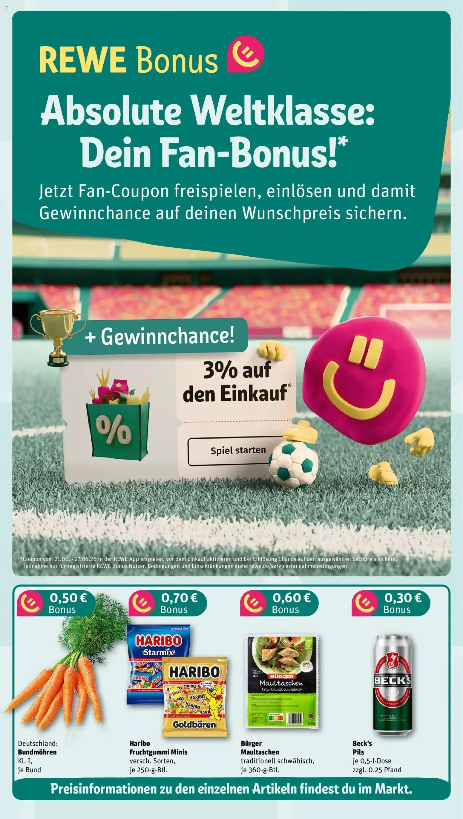 Rewe Prospekt Aulendorf – gültig ab 21.06.2026 | Seite: 3 | Produkte: Spiel, Haribo, Burger, Maultaschen