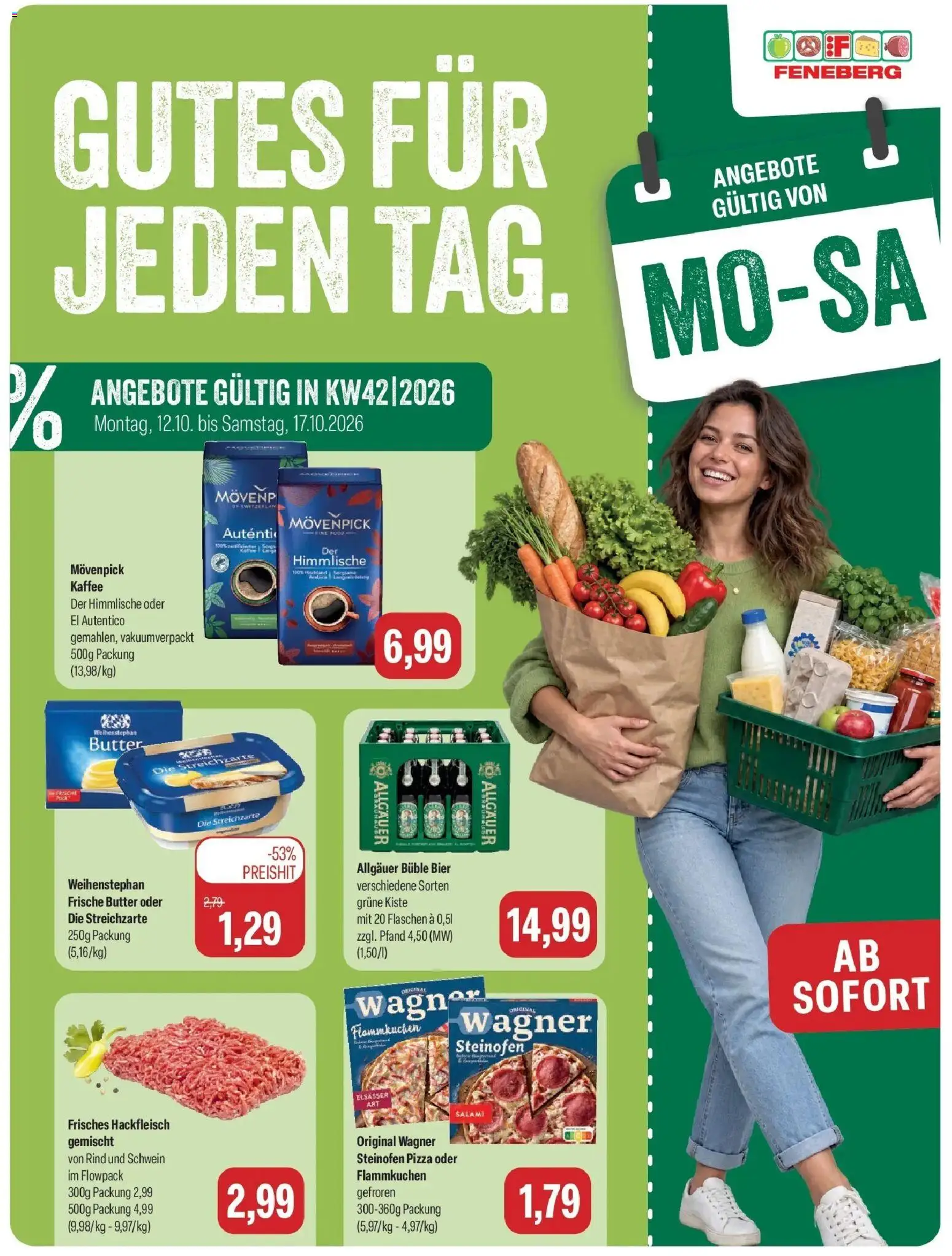 Feneberg Aktuelle Angebote (ab 12.10.2026) zum Blättern | Seite: 1 | Produkte: Butter, Weihenstephan butter, Pizza, Hackfleisch