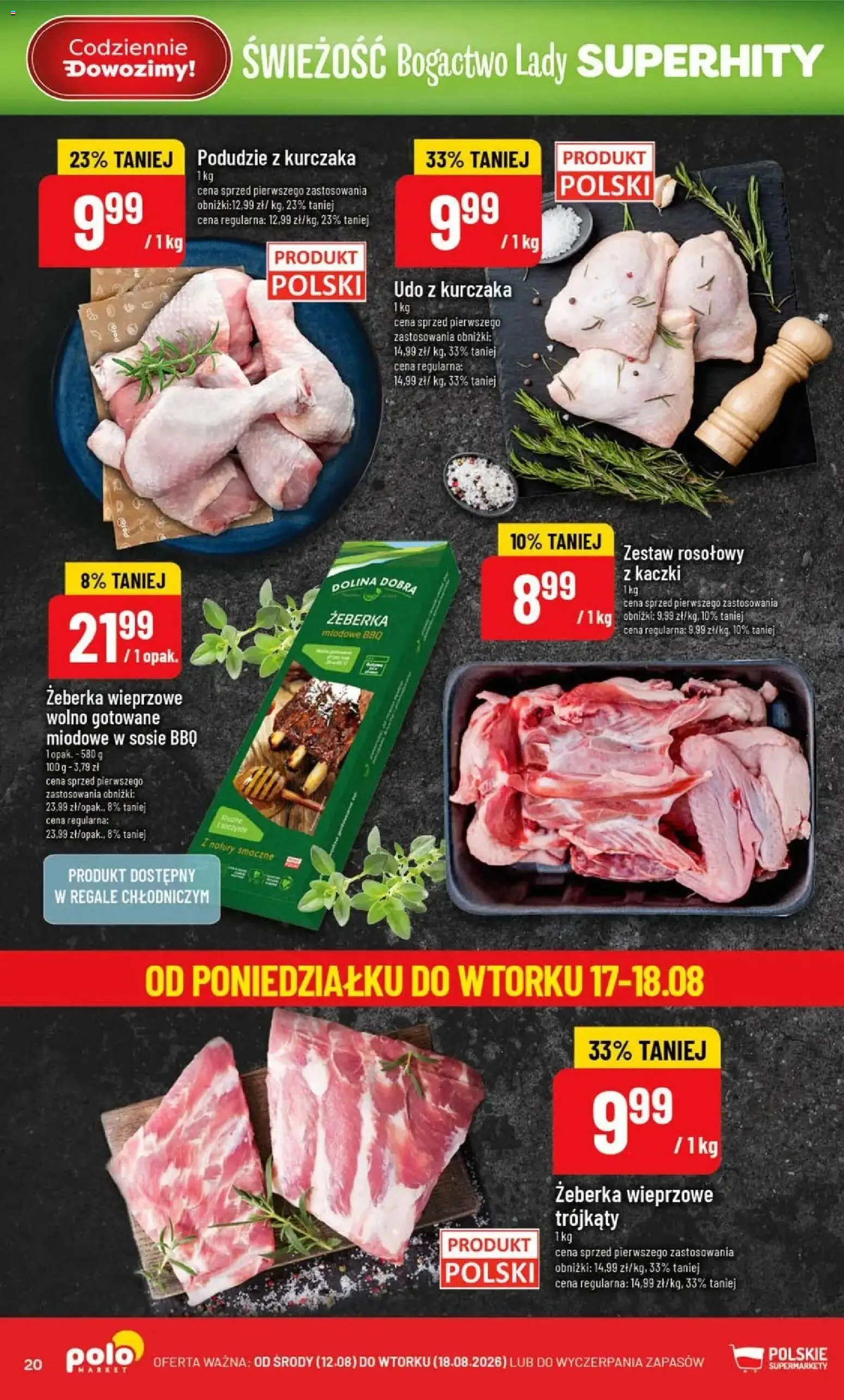 Nowa POLOmarket gazetka od jutra 12.08.2026 | Strona: 20 | Produkty: Żeberka, Żeberka wieprzowe, Podudzie z kurczaka, Wolno gotowane