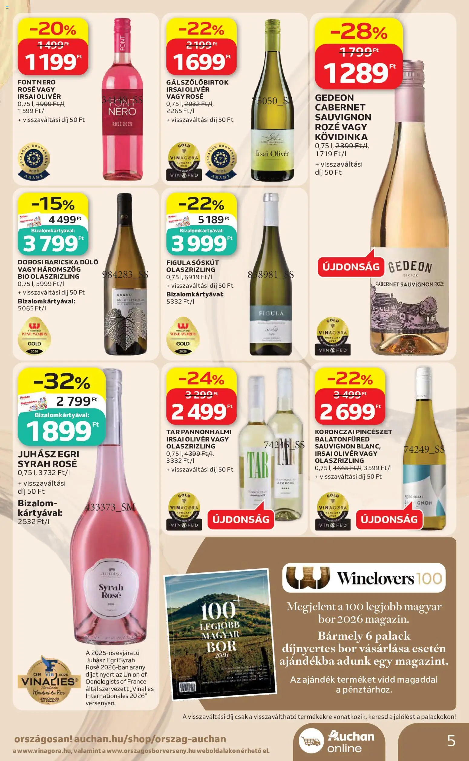 Auchan akciós ujság - amely érvényes a következő dátumtól: 2026.10.01. | Oldal: 5 | Termékek: Cabernet, Irsai Olivér, Cabernet Sauvignon, Rosé