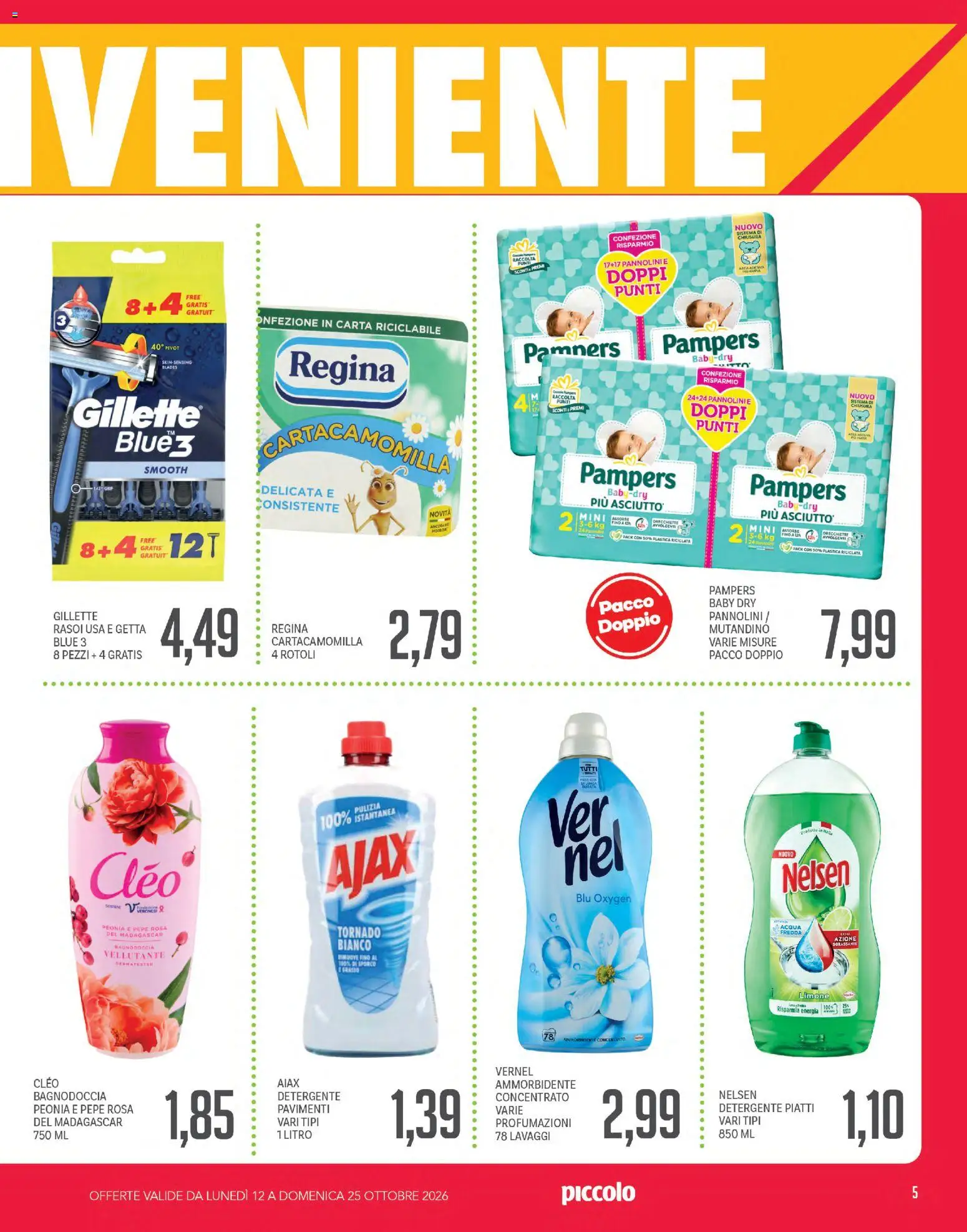 Volantino Piccolo del 12/10/2026 | Pagina: 5 | Prodotti: Pannolini, Detergente, Pepe, Limone