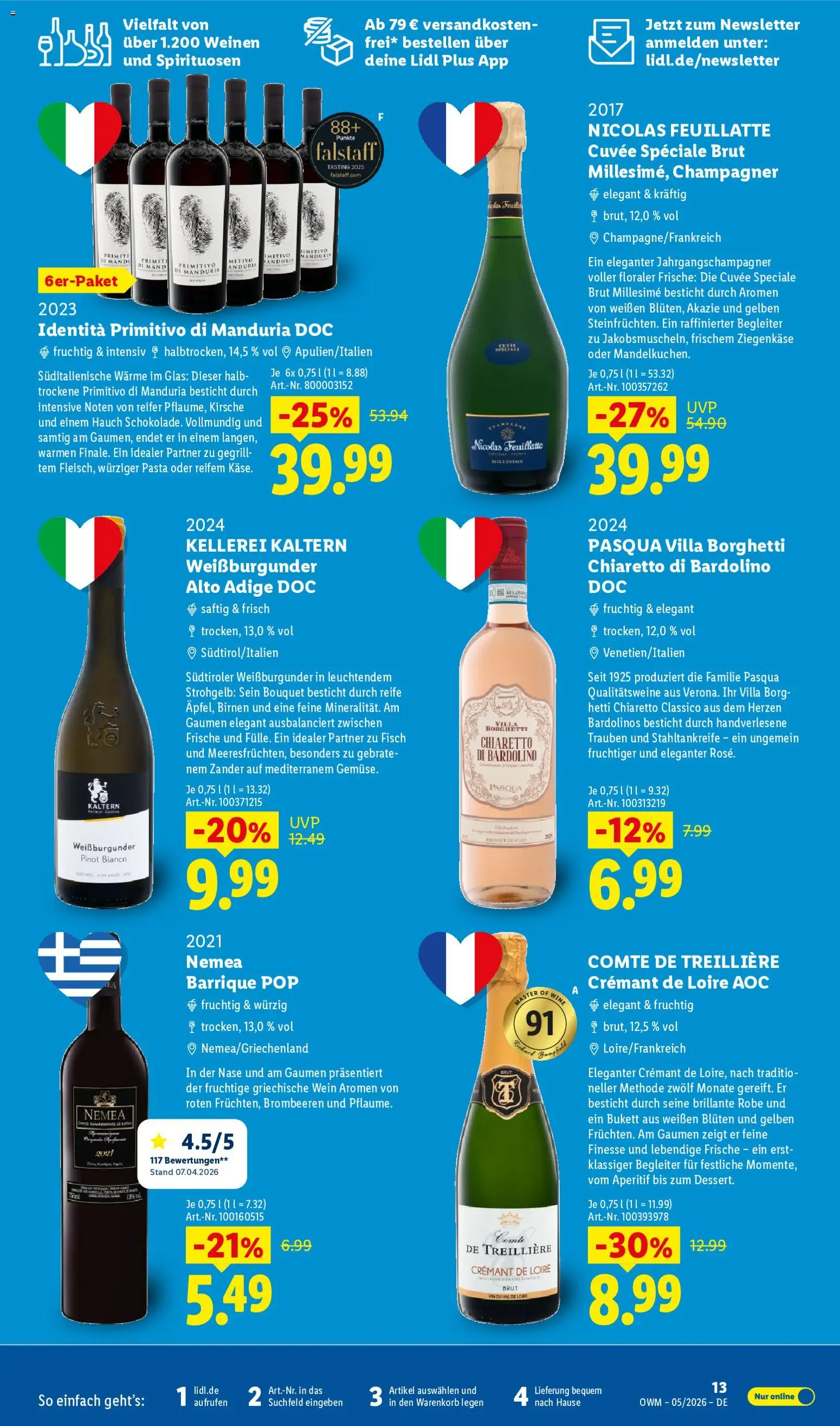 Lidl Německo leták - Wein & Spirituosen od 01.05.2026 | Strana: 13 | Produkty: Vál, Primitivo Di Manduria, Primitivo