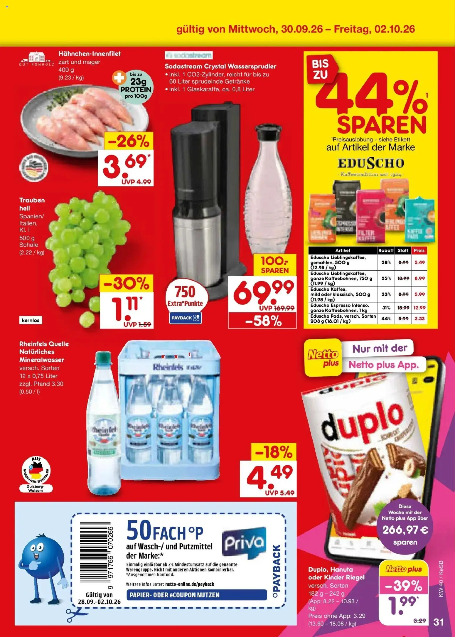 Netto Marken-Discount Prospekt Bonn – gültig ab 28.09.2026 | Seite: 49 | Produkte: Trauben, Kinder riegel, Mineralwasser, Sodastream