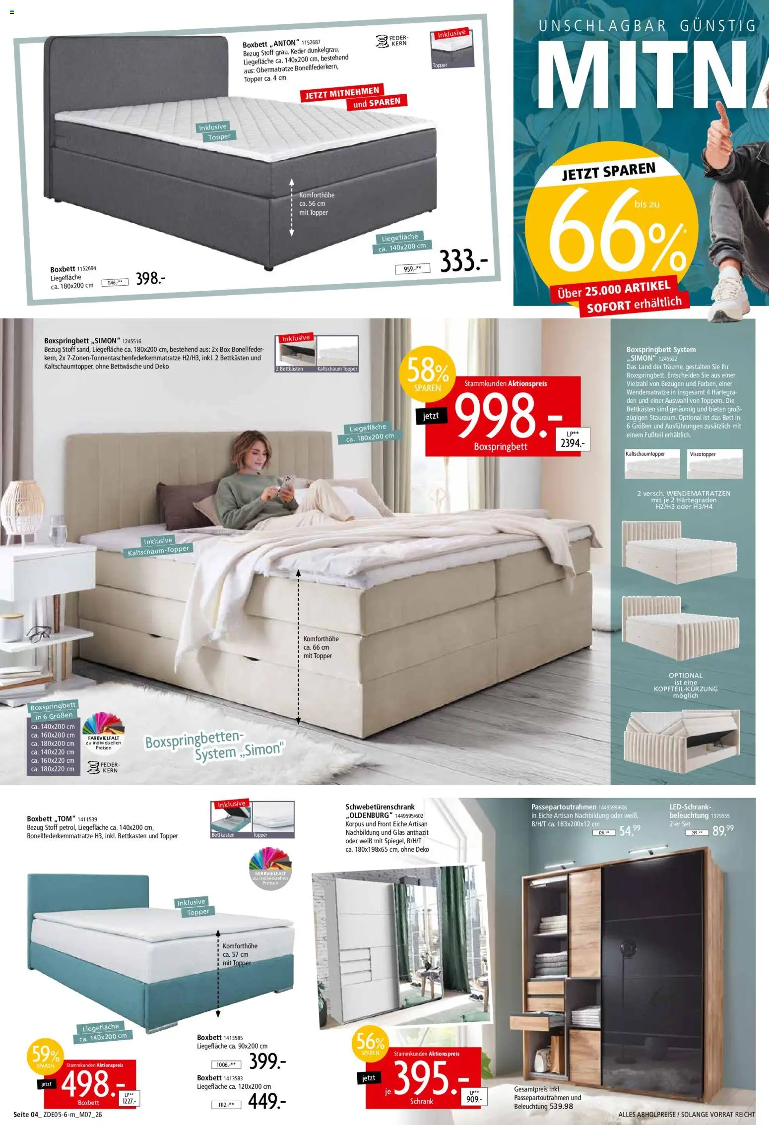 Zurbrüggen Z2 Mitnahme Möbel – gültig ab 16.05.2026 | Seite: 6 | Produkte: Schwebetürenschrank, Boxspringbett, Schrank, Box
