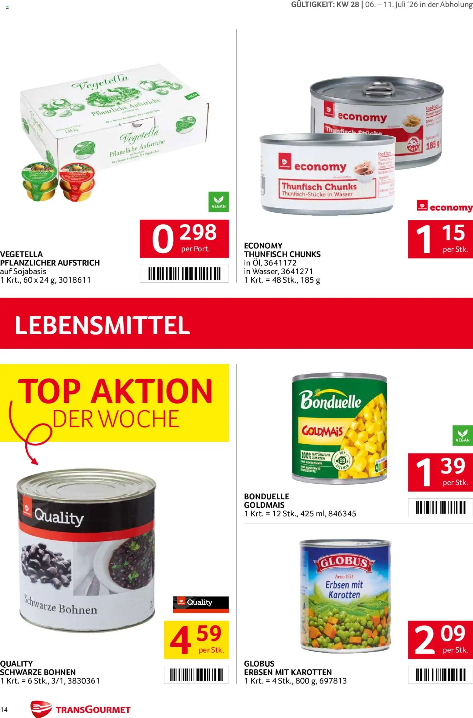 Transgourmet Flugblatt gültig ab 06.07.2026 | Seite: 14 | Produkte: Wasser, Erbsen, Libacomb