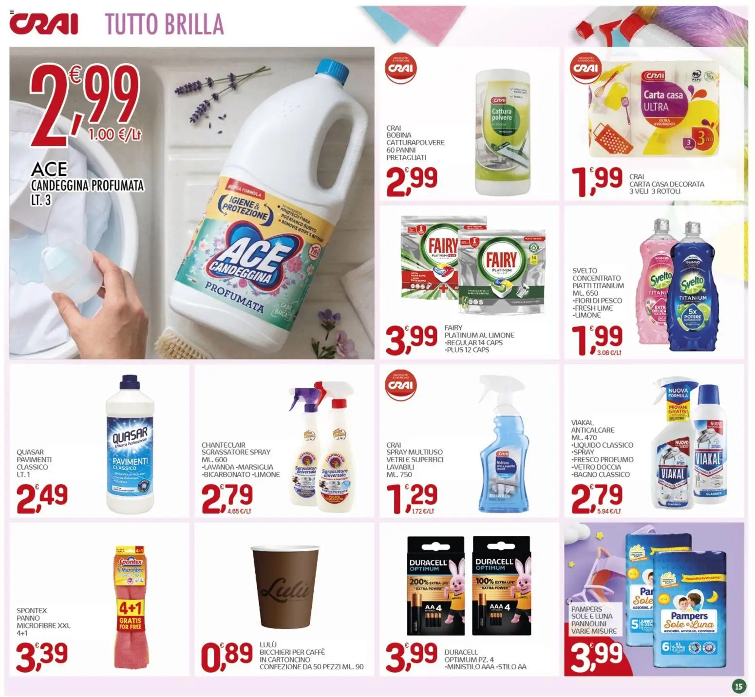 Volantino CRAI del 09/07/2026 | Pagina: 15 | Prodotti: Pannolini, Candeggina, Anticalcare, Limone