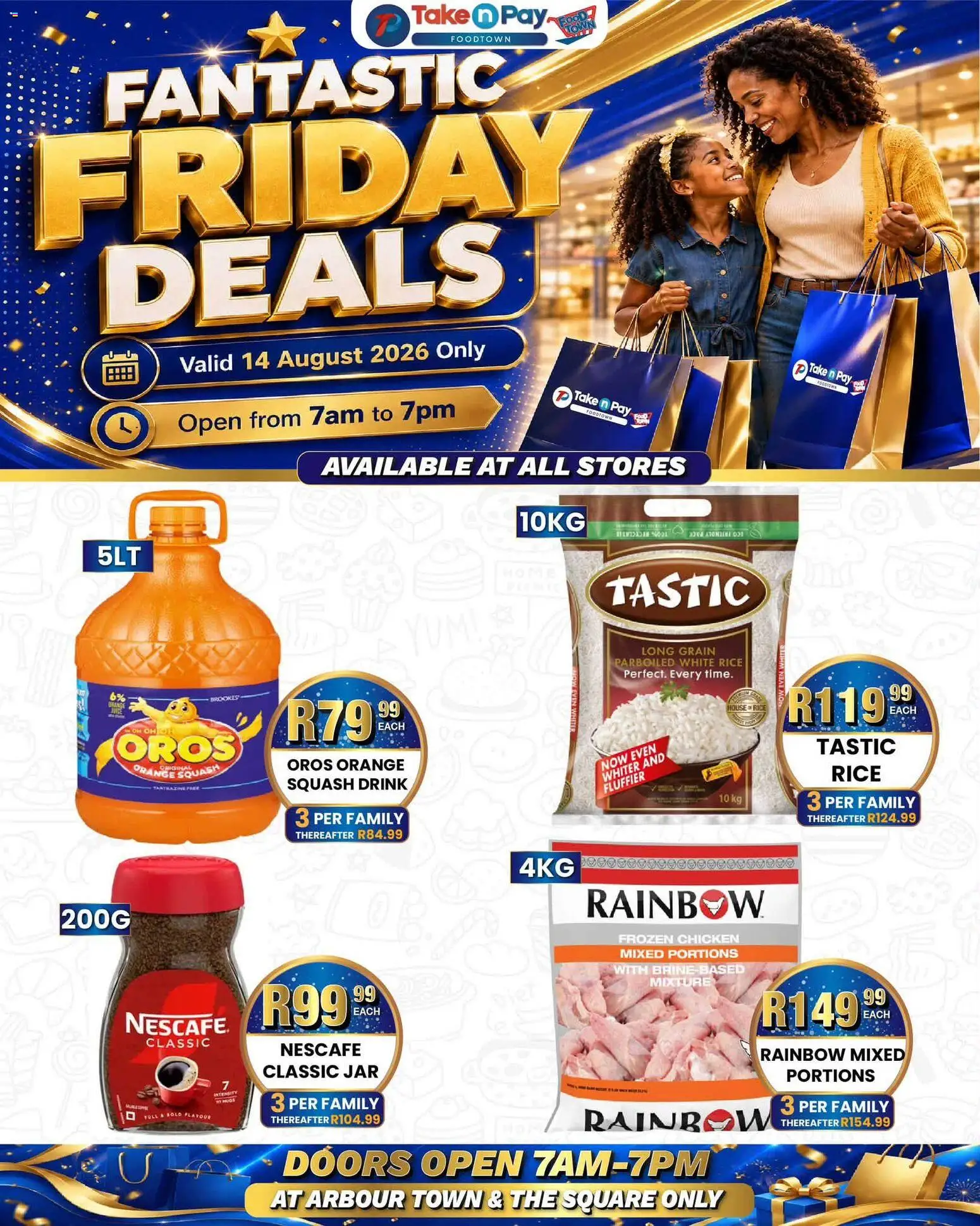 New Take n Pay catalogue – valid from 14/08/2026 | Page: 1 | Products: Squash, Frozen chicken, Chicken, Rice