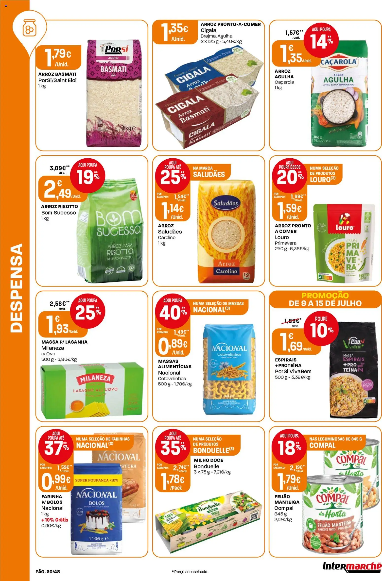 Intermarché folheto │ válido de 09/07/2026 | Página: 30 | Produtos: Milaneza, Arroz basmati, Manteiga, Massa