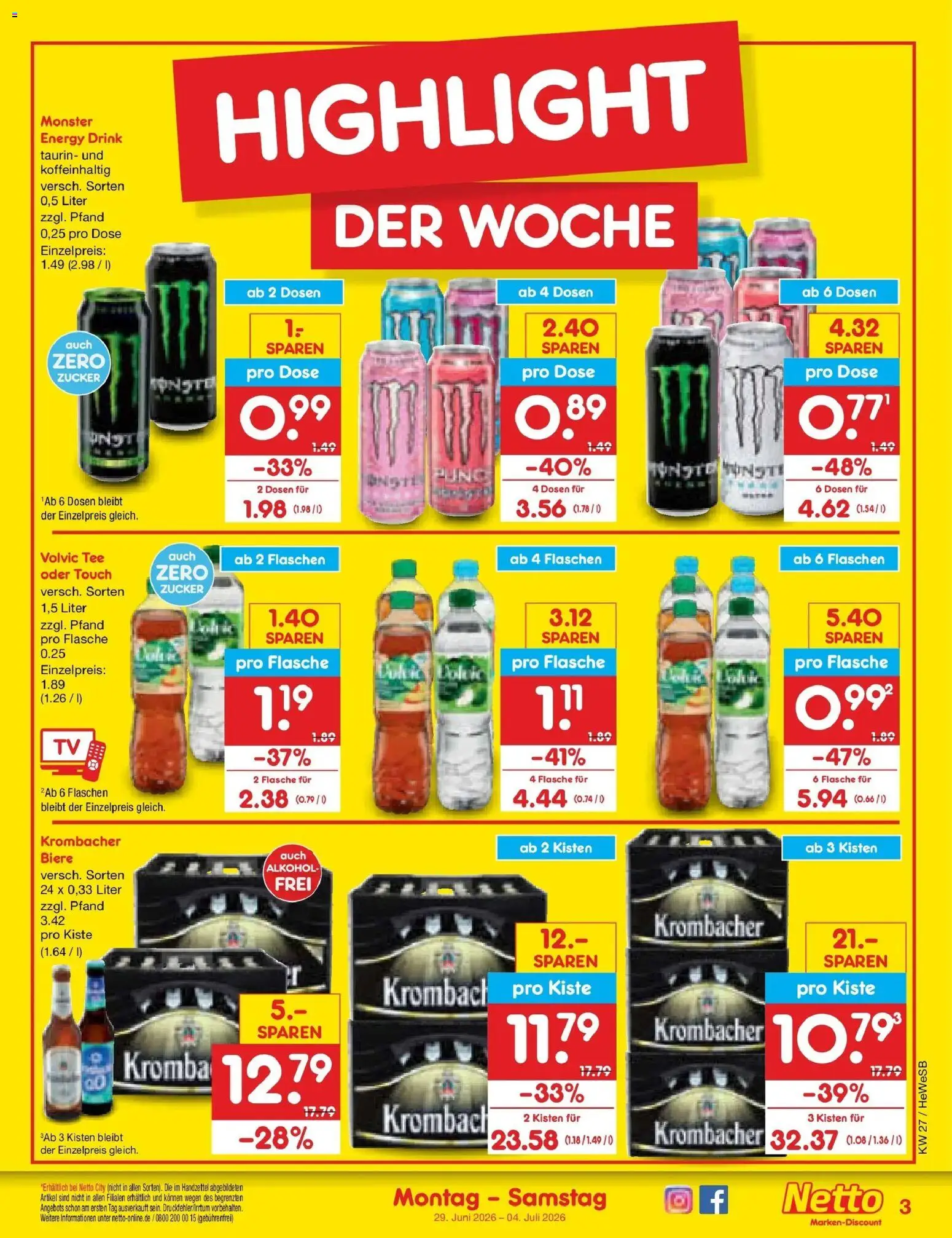 Netto Marken-Discount Prospekt Hamburg – gültig ab 29.06.2026 | Seite: 3 | Produkte: Monster, Krombacher, Tee, Volvic