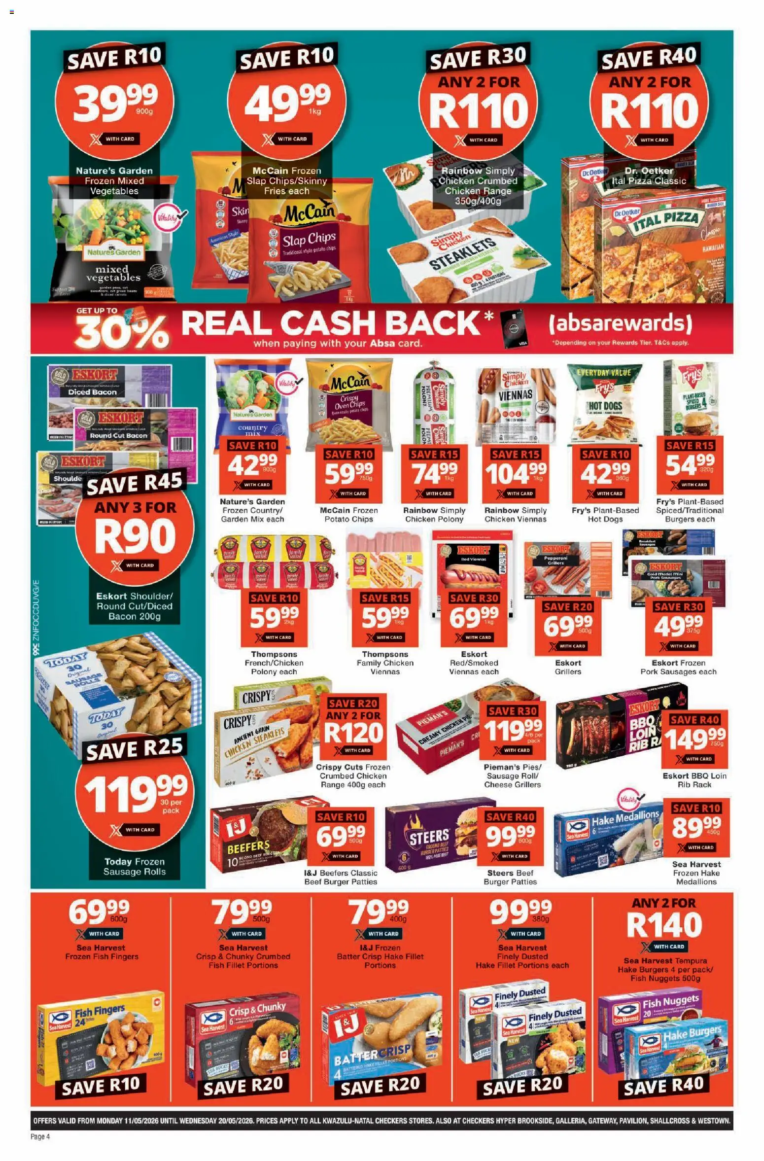 New Checkers catalogue – valid from 11.05.2026 | Page: 4 | Products: Cheese, Pizza, Chips, Bacon