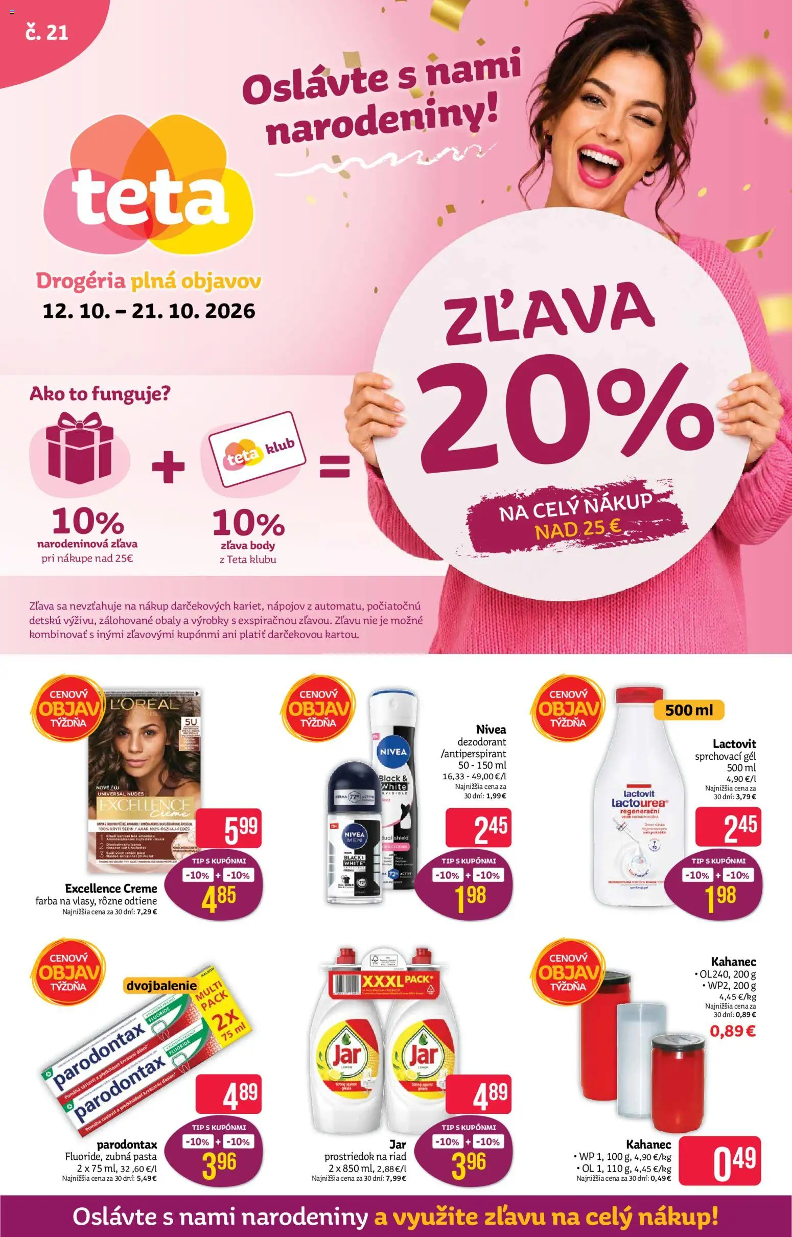 Nové Teta drogerie akcie – leták je platný od 12.10.2026 | Strana: 1 | Produkty: Riad, Dezodorant, Zubná pasta, Lactovit