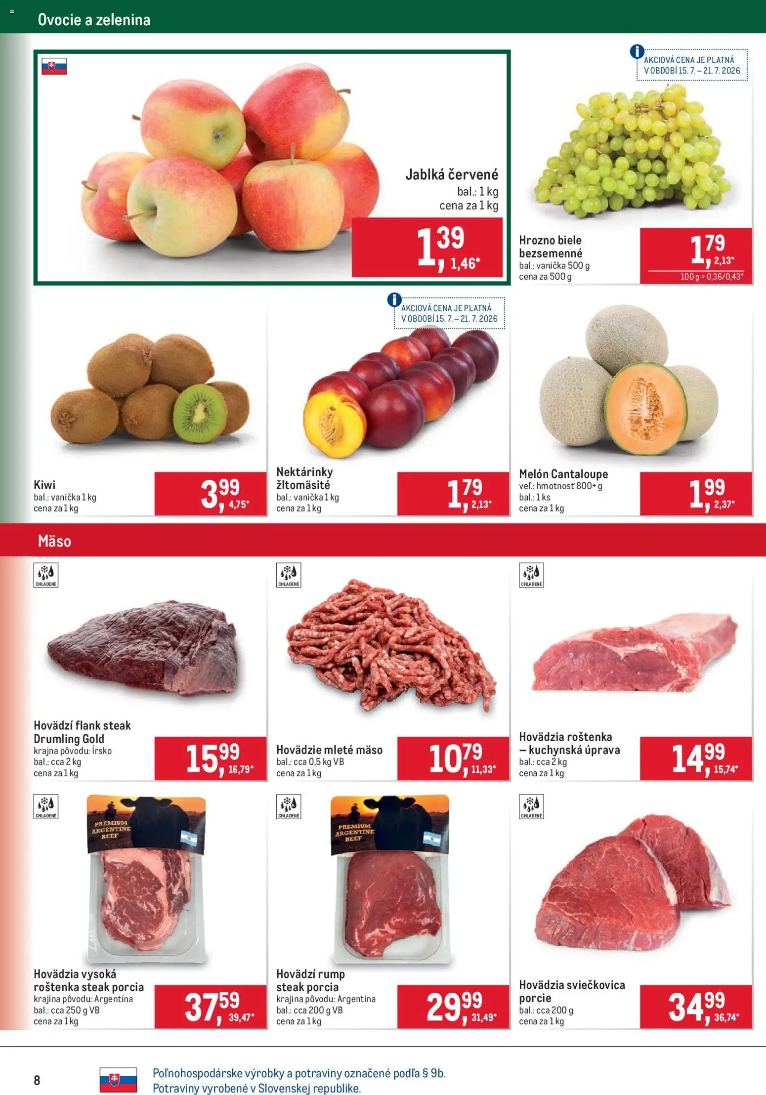 Nové Metro akcie – leták je platný od 15.07.2026 | Strana: 8 | Produkty: Jablká, Steak, Melón, Ovocie