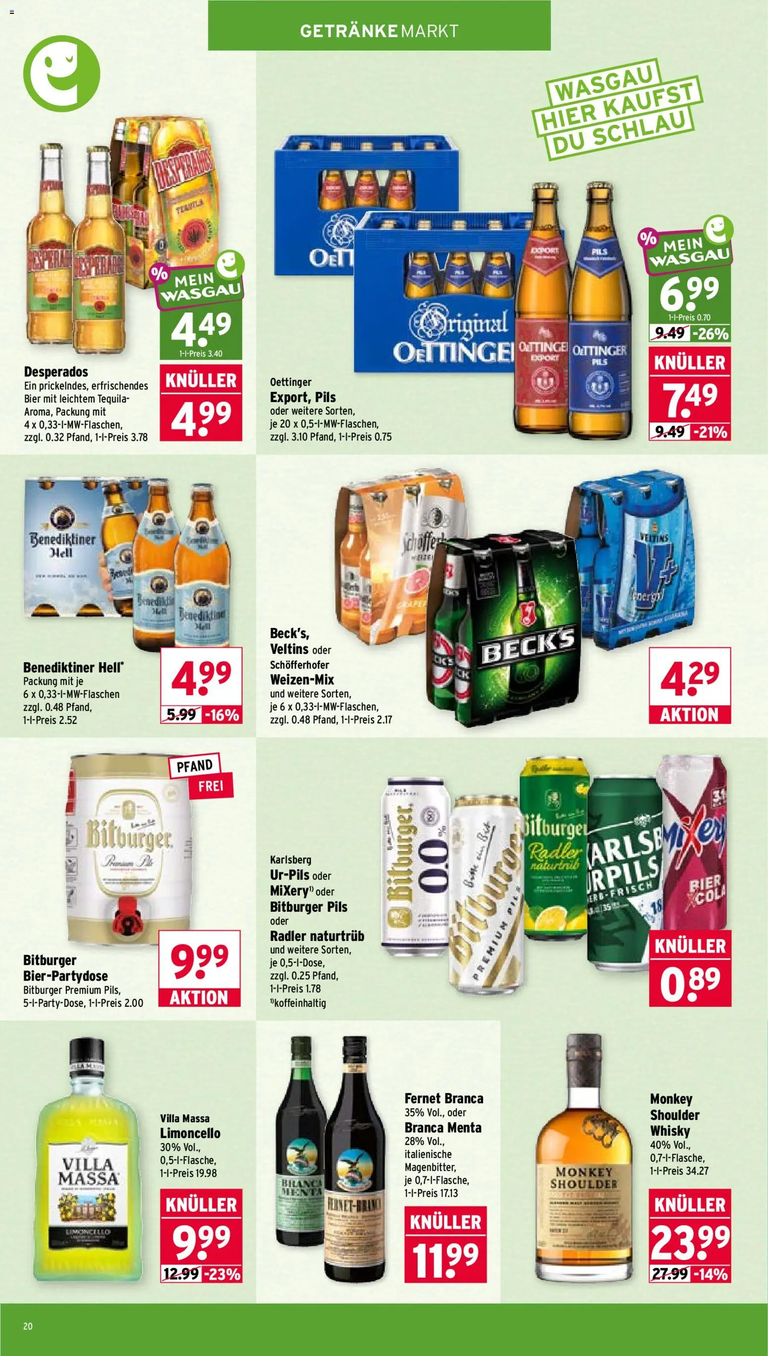Wasgau Prospekt – gültig ab 03.08.2026 | Seite: 20 | Produkte: Bier, Radler, Limoncello, Veltins