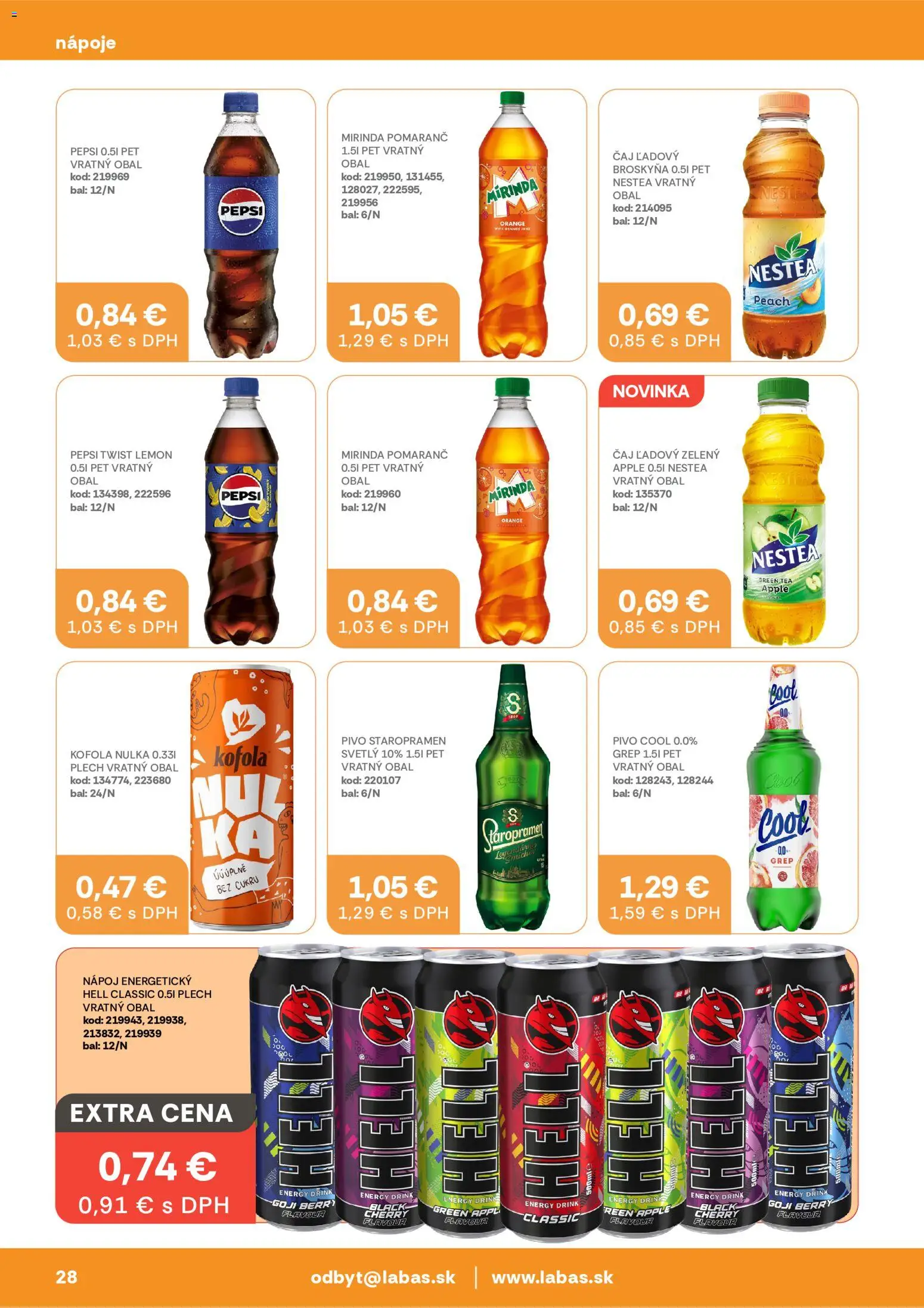 Nové Labaš akcie – leták je platný od 03.07.2026 | Strana: 28 | Produkty: Pivo, Čaj, Staropramen, Grep