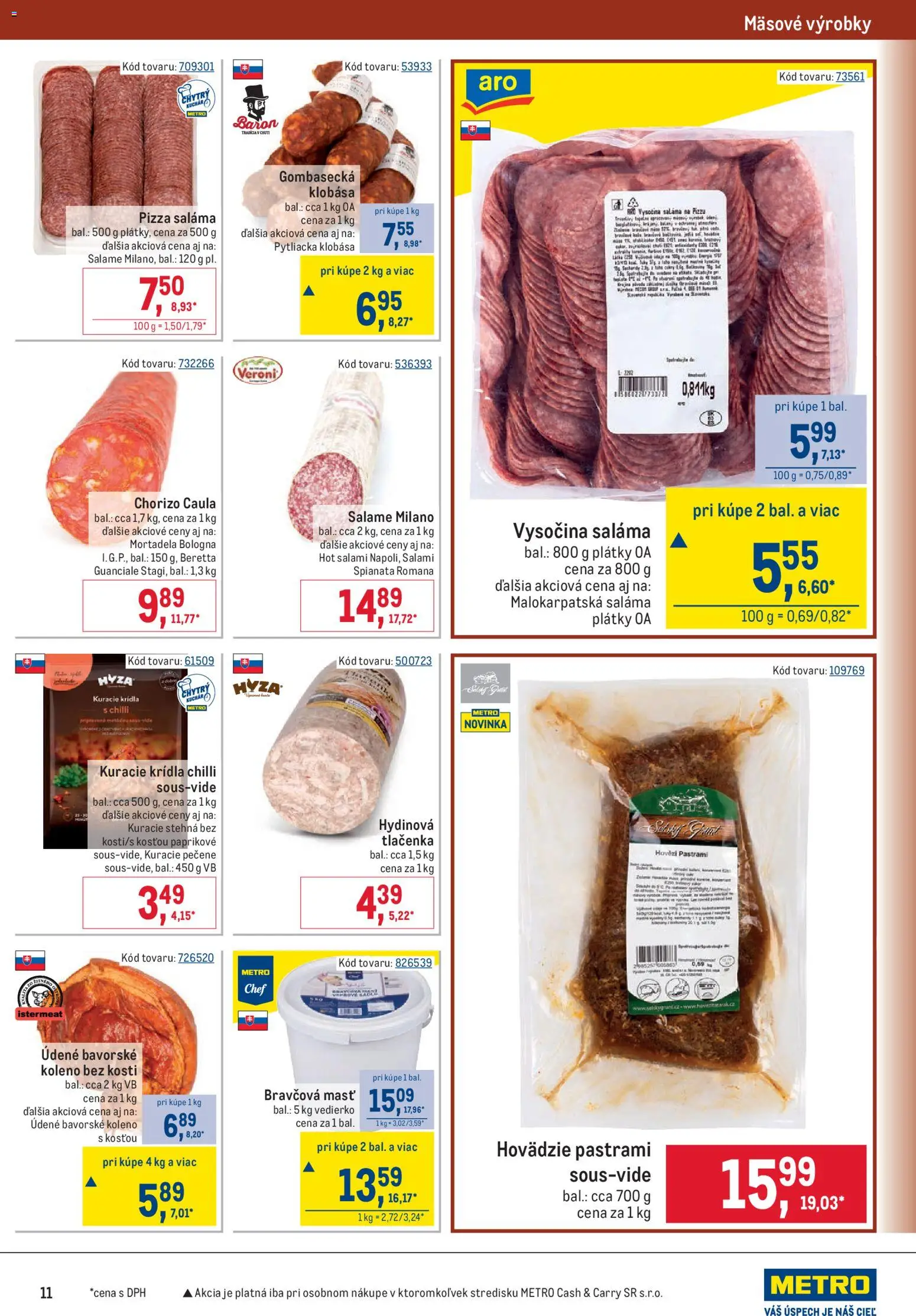 Nové Metro akcie – leták je platný od 12.08.2026 | Strana: 11 | Produkty: Saláma, Chilli, Stehná, Mortadela
