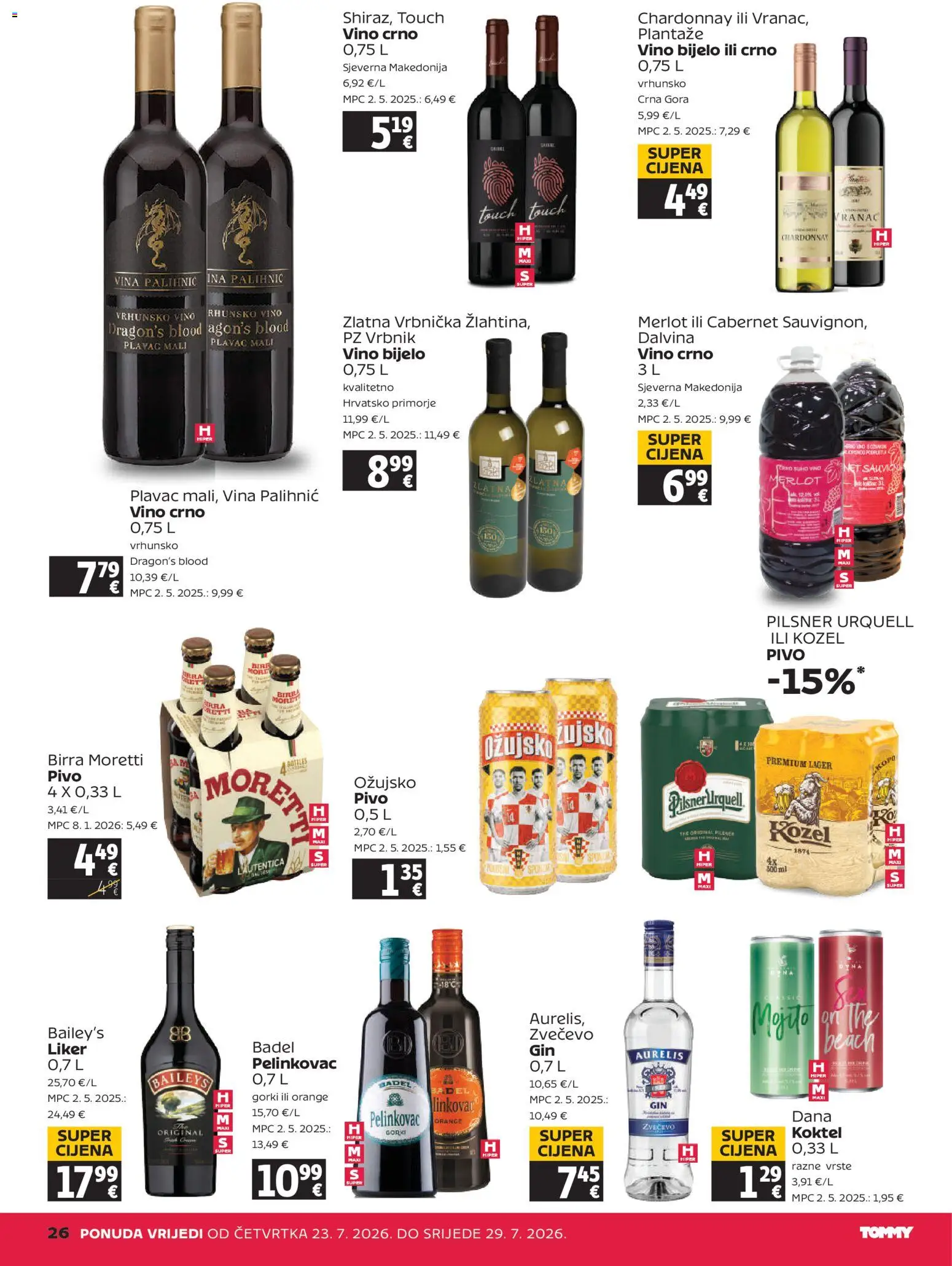 Tommy katalog | vrijedi od 23.07.2026 | Stranica: 26 | Proizvodi: Kozel, Bijelo vino, Baileys, Liker