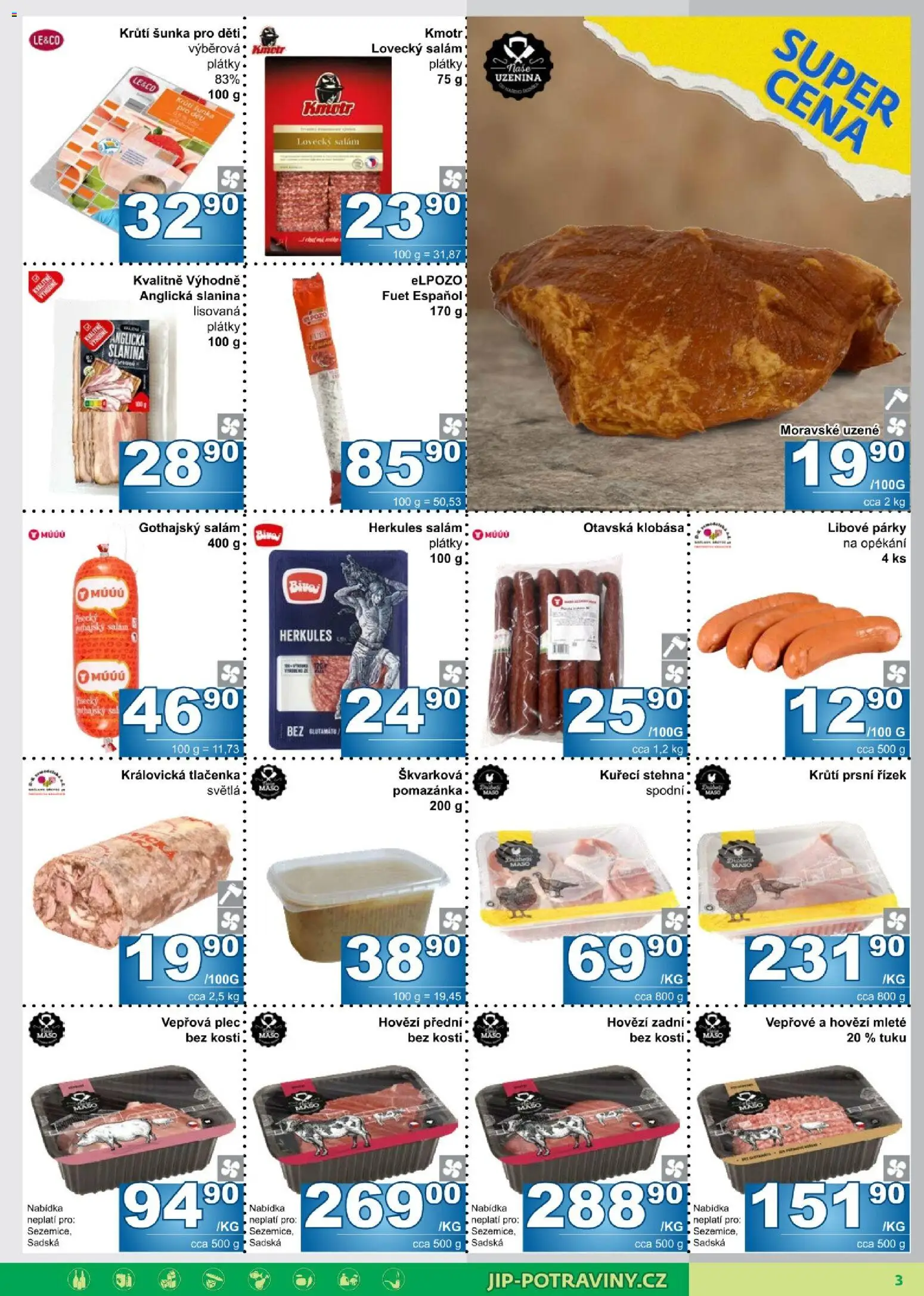 Jip leták od 21.10.2026 | Strana: 3 | Produkty: Šunka, Anglická slanina, Tlačenka, Lovecký salám