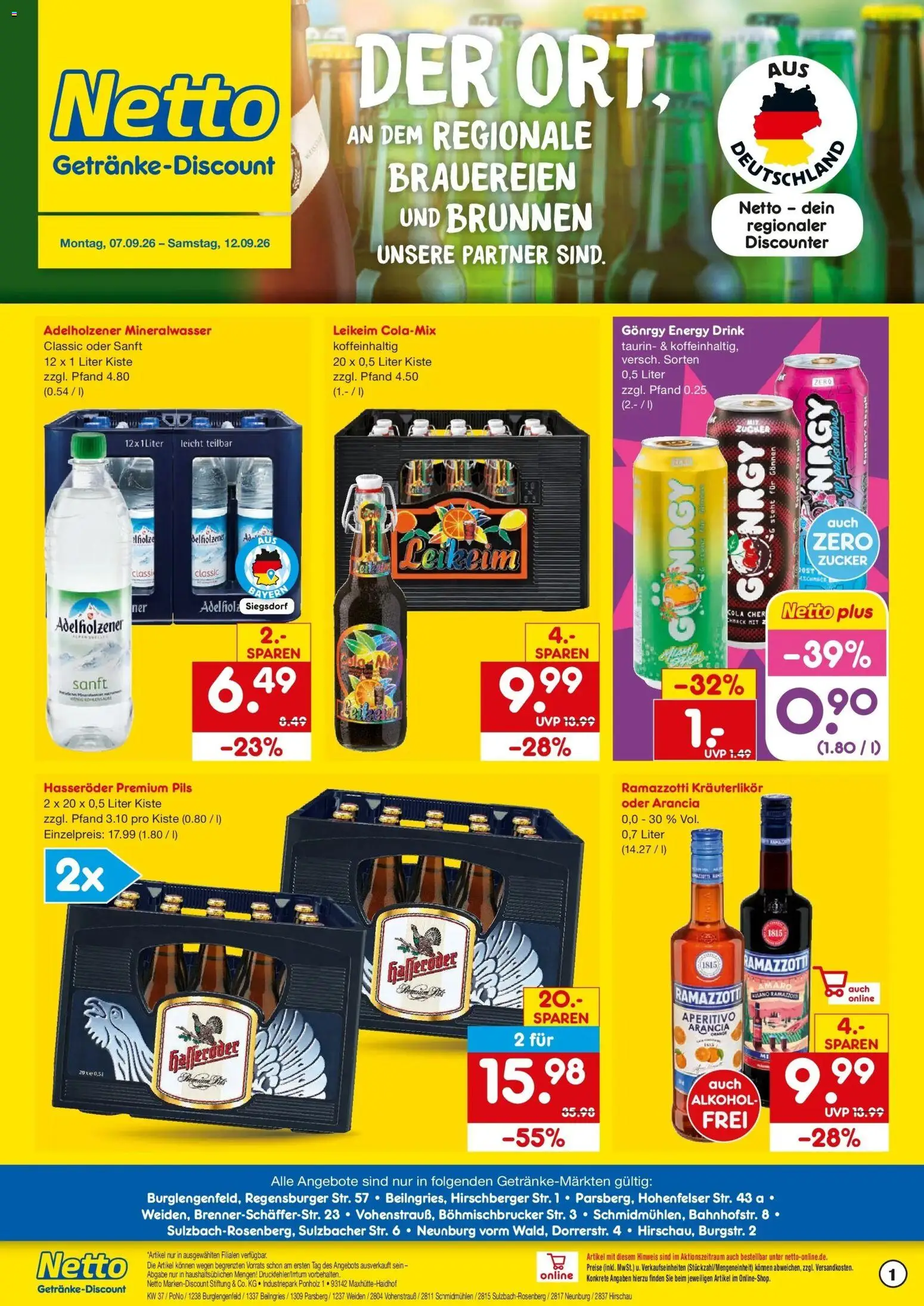 Netto Marken-Discount Prospekt Burglengenfeld – gültig ab 07.09.2026 | Seite: 1 | Produkte: Energy, Mineralwasser, Alkohol, Hasseröder