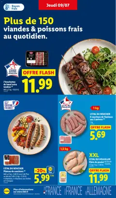 LIDL - Prévisualisation de L'ÉTAL DU BOUCHER Plateau de saucisses, Plateau de saucisses 660 g (1 kg = 9,08 €) avec Lidl Plus au lieu de 7,49 € (1 kg = 11,35 €) 4 chipolatas, 4 chipolatas aux herbes et 4 merguez valide à partir de 09/07/2026 | Page: 6
