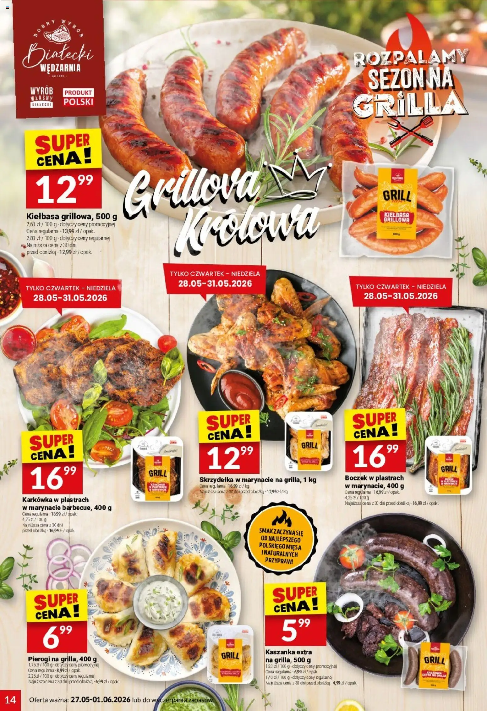 Twój Market gazetka od 27.05.2026 | Strona: 14 | Produkty: Kiełbasa, Karkówka, Pierogi, Boczek