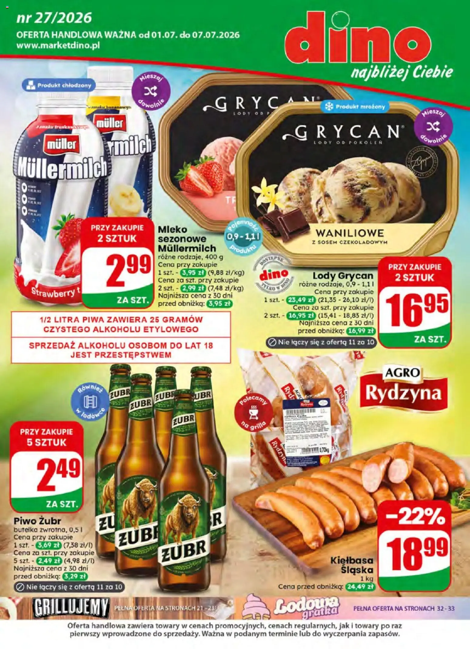 Dino gazetka od 01.07.2026 | Strona: 1 | Produkty: Piwo żubr, Kiełbasa, Mleko, Lody