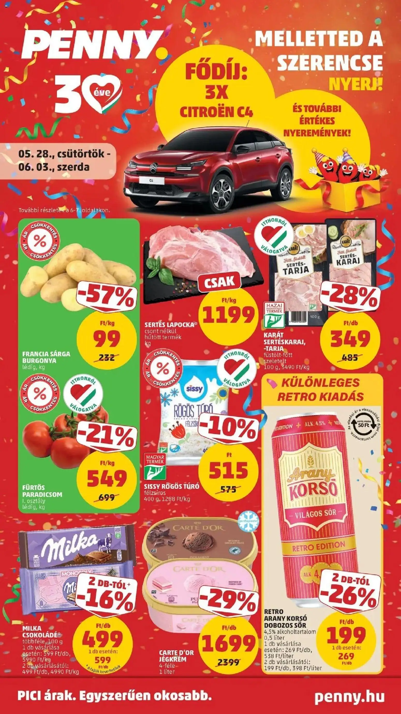 PENNY akciós ujság - amely érvényes a következő dátumtól: 28.05.2026 | Oldal: 1 | Termékek: Karaj, Csokoládé, Sör, Paradicsom