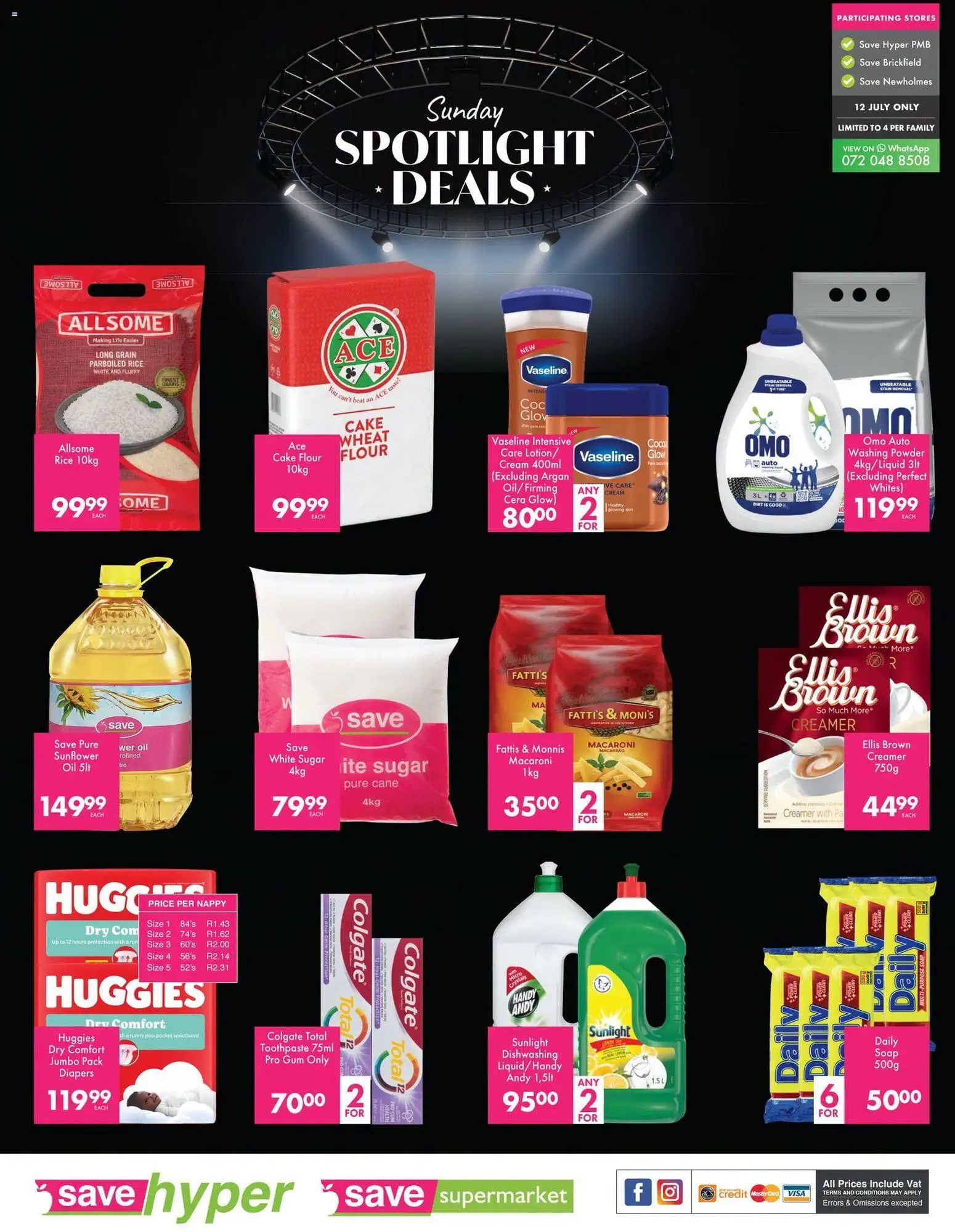 New Save catalogue – valid from 12/07/2026 | Page: 1 | Products: Flour, Toothpaste, Washing powder, Sugar