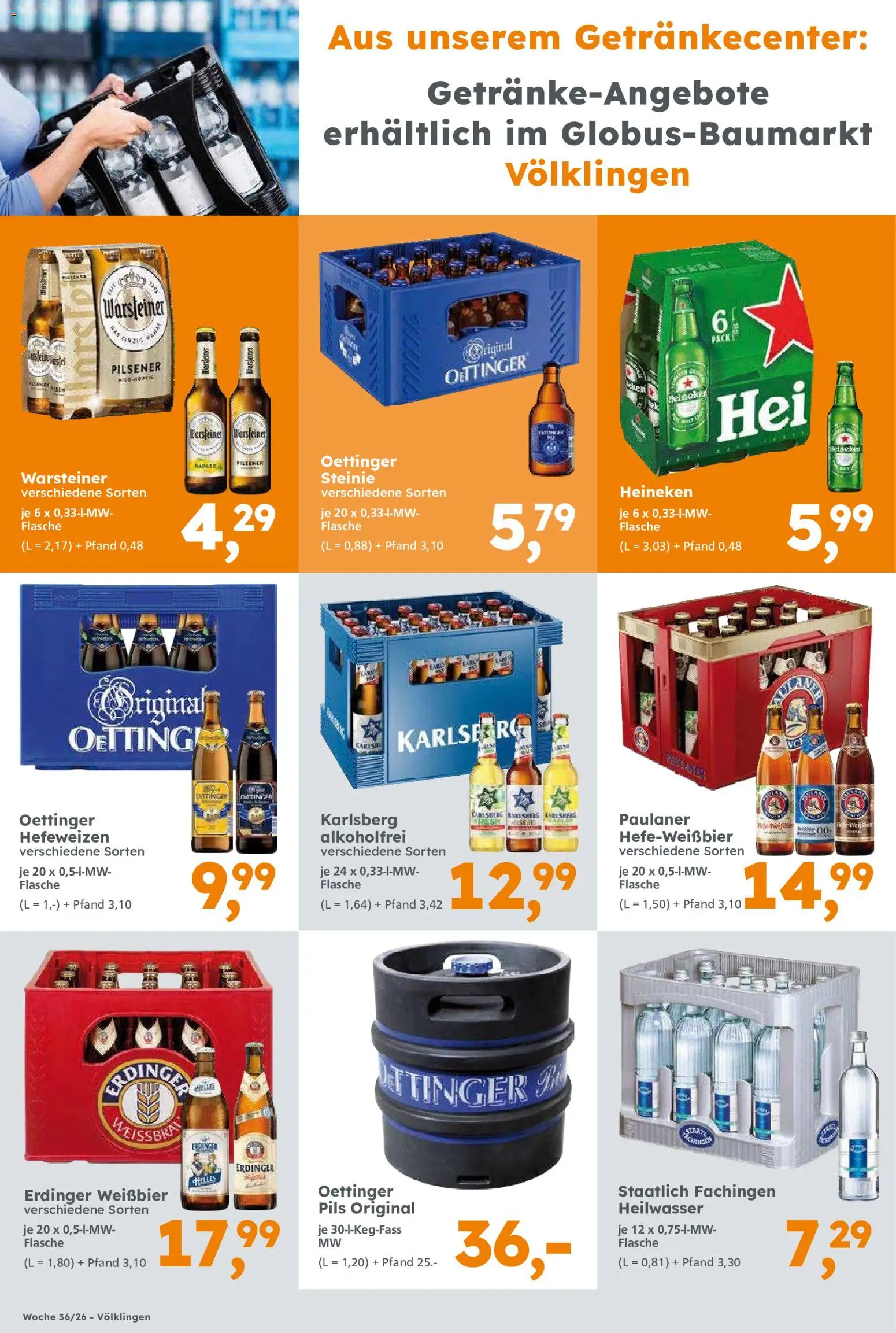 Globus Baumarkt Prospekt Saarbrücken – gültig ab 31.08.2026 | Seite: 14 | Produkte: Carlsberg, Pils, Warsteiner, Paulaner