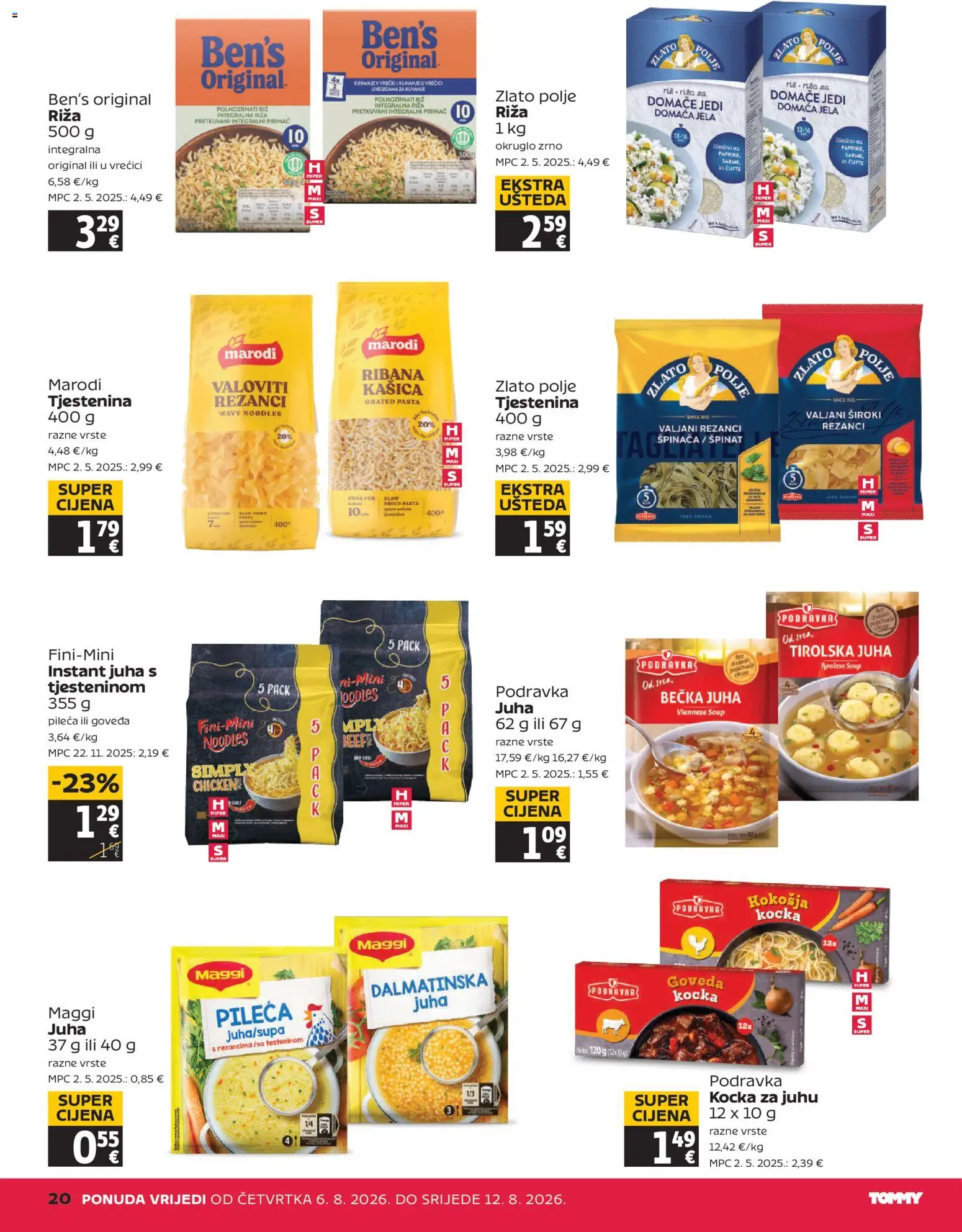 Tommy katalog | vrijedi od 06.08.2026 | Stranica: 20 | Proizvodi: Špinat, Riža, Tjestenina, Kocka za juhu