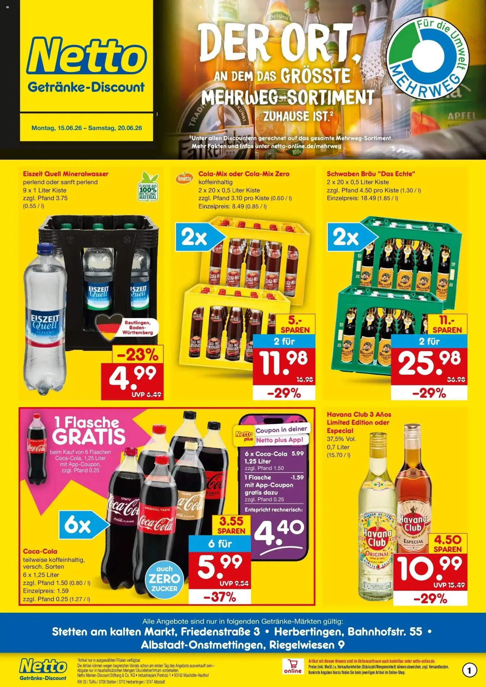 Netto Marken-Discount Prospekt Albstadt-Onstmettingen – gültig ab 14.06.2026 | Seite: 1 | Produkte: Havana club, Coca cola, Äpfel, Zucker