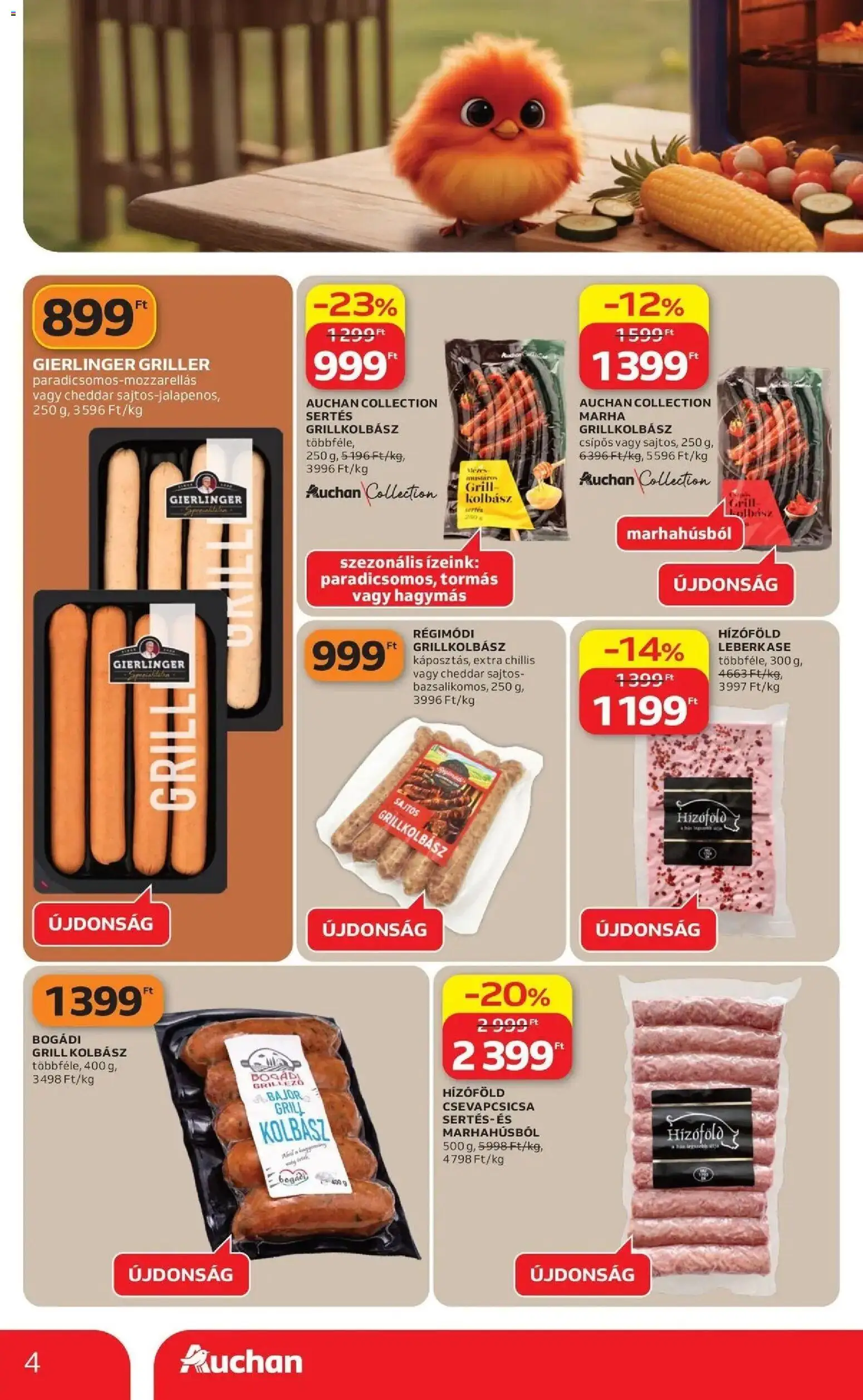 Auchan akciós ujság - amely érvényes a következő dátumtól: 09.04.2026 | Oldal: 4 | Termékek: Kolbász, Grillkolbász, Grill, Cheddar