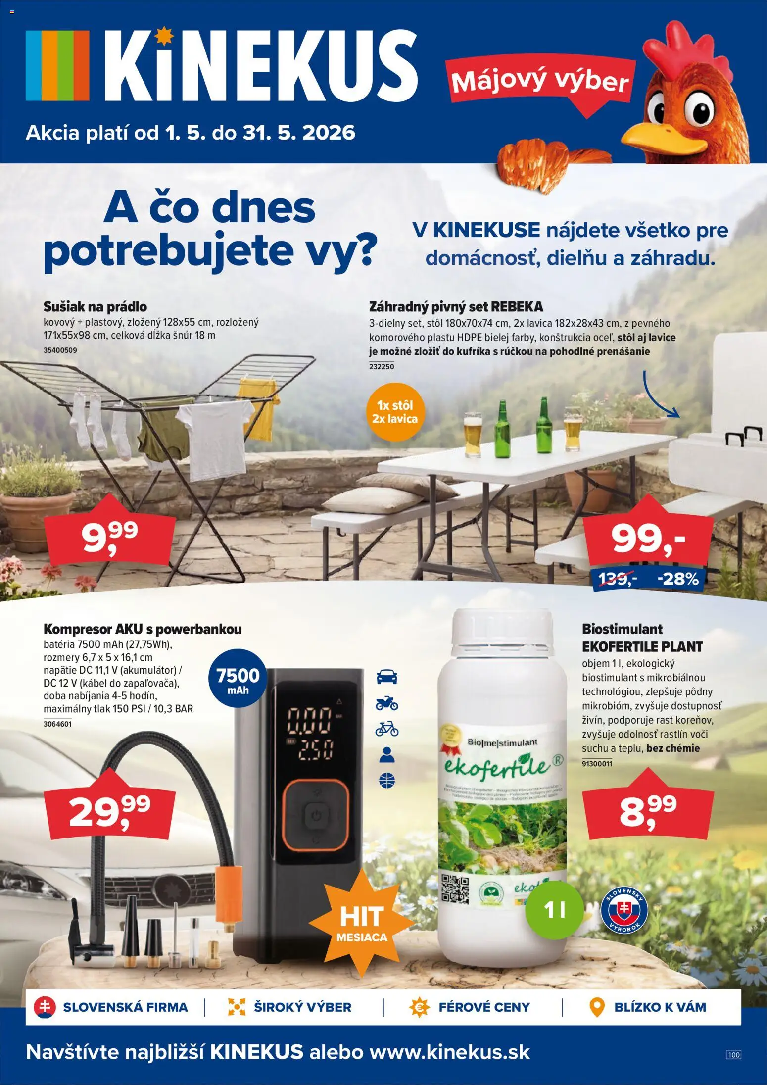 Nové Kinekus akcie – leták je platný od 01.05.2026 | Strana: 1 | Produkty: Stôl, Kompresor, Lavica, Aku