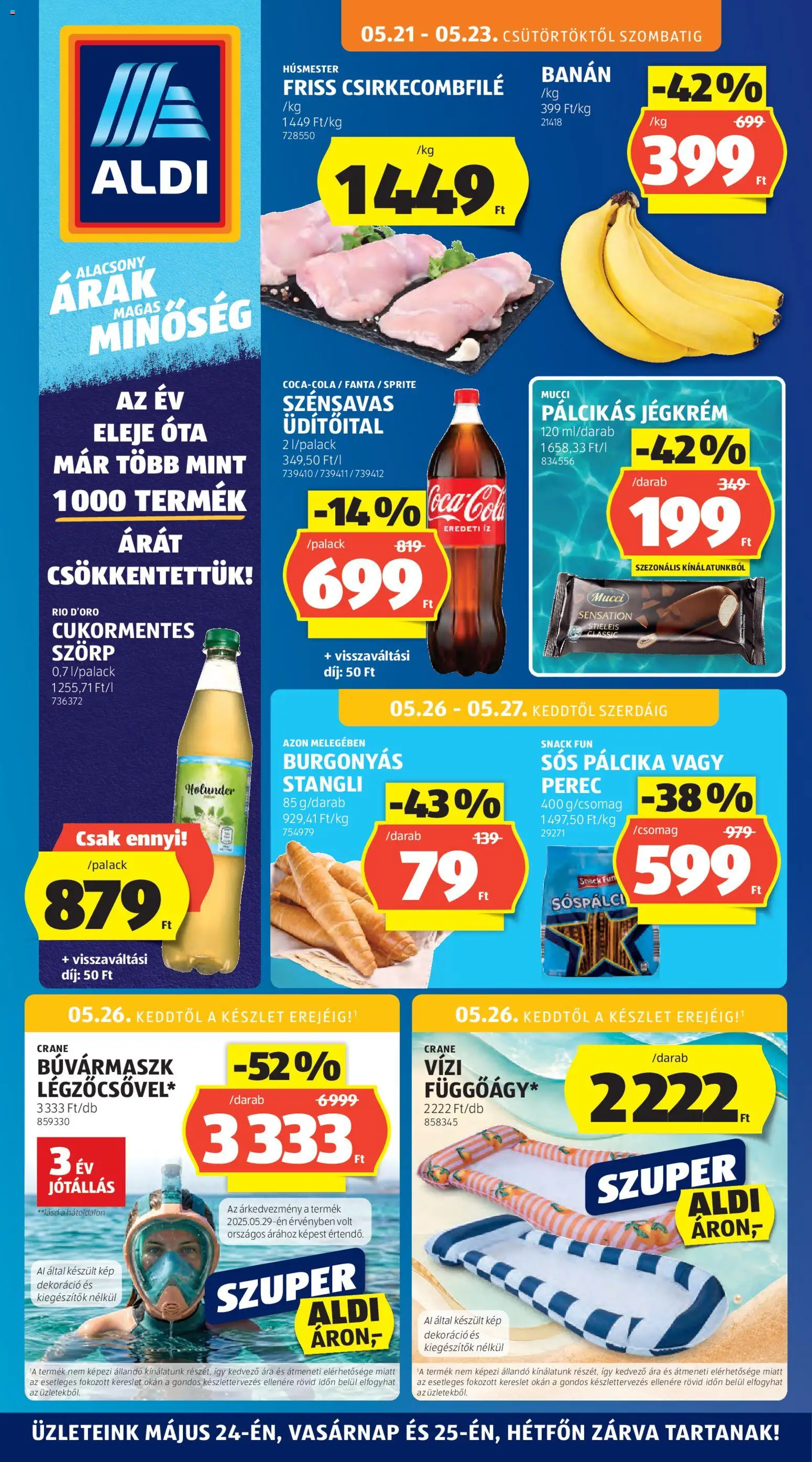 Aldi akciós ujság - amely érvényes a következő dátumtól: 21.05.2026 | Oldal: 1 | Termékek: Stangli, Csirkecombfile, Banán, Jégkrém