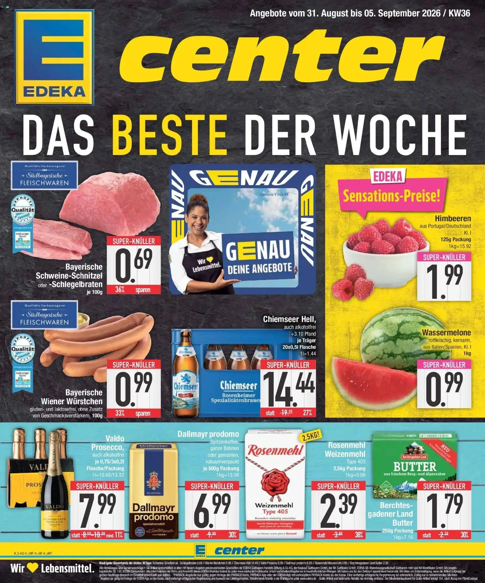 E center Prospekt Krumbach (ab 31.08.2026) zum Blättern | Seite: 1 | Produkte: Wiener wurstchen, Butter, Dallmayr, Wassermelone