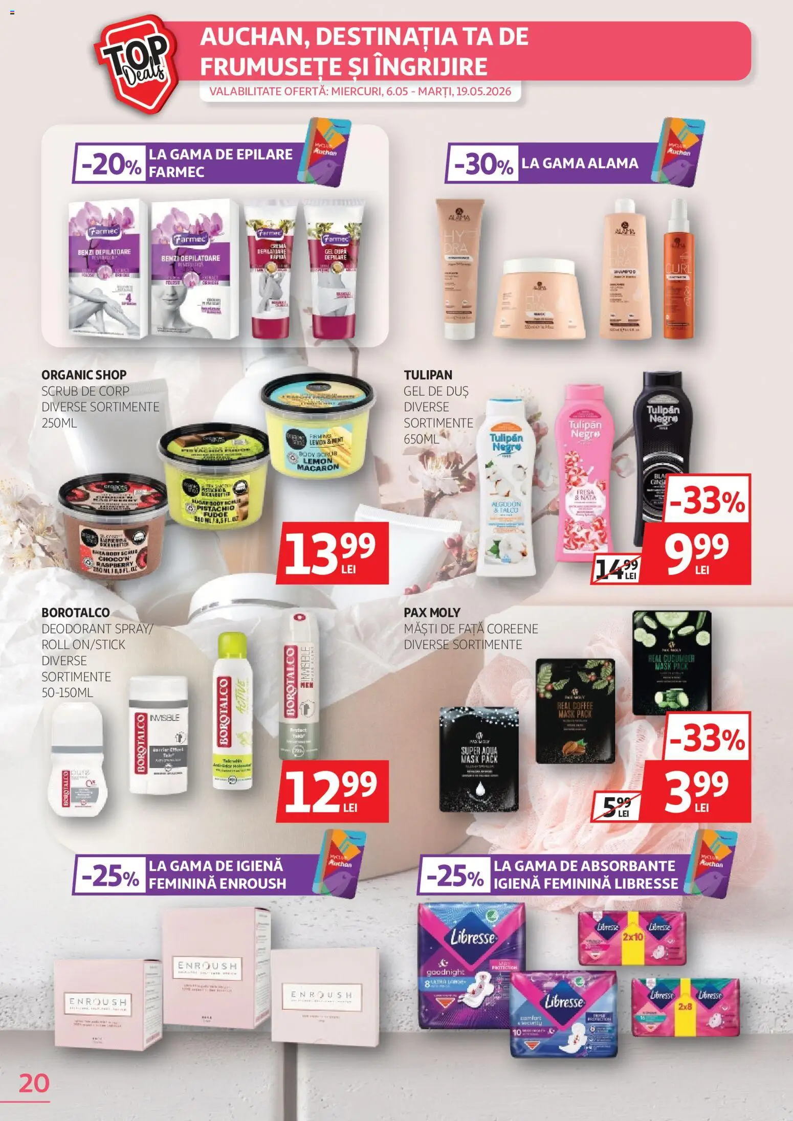 Noul catalog Auchan – valabil de la 06.05.2026 | Pagină: 20 | Produse: Scrub, Duș, Cremă, Benzi depilatoare