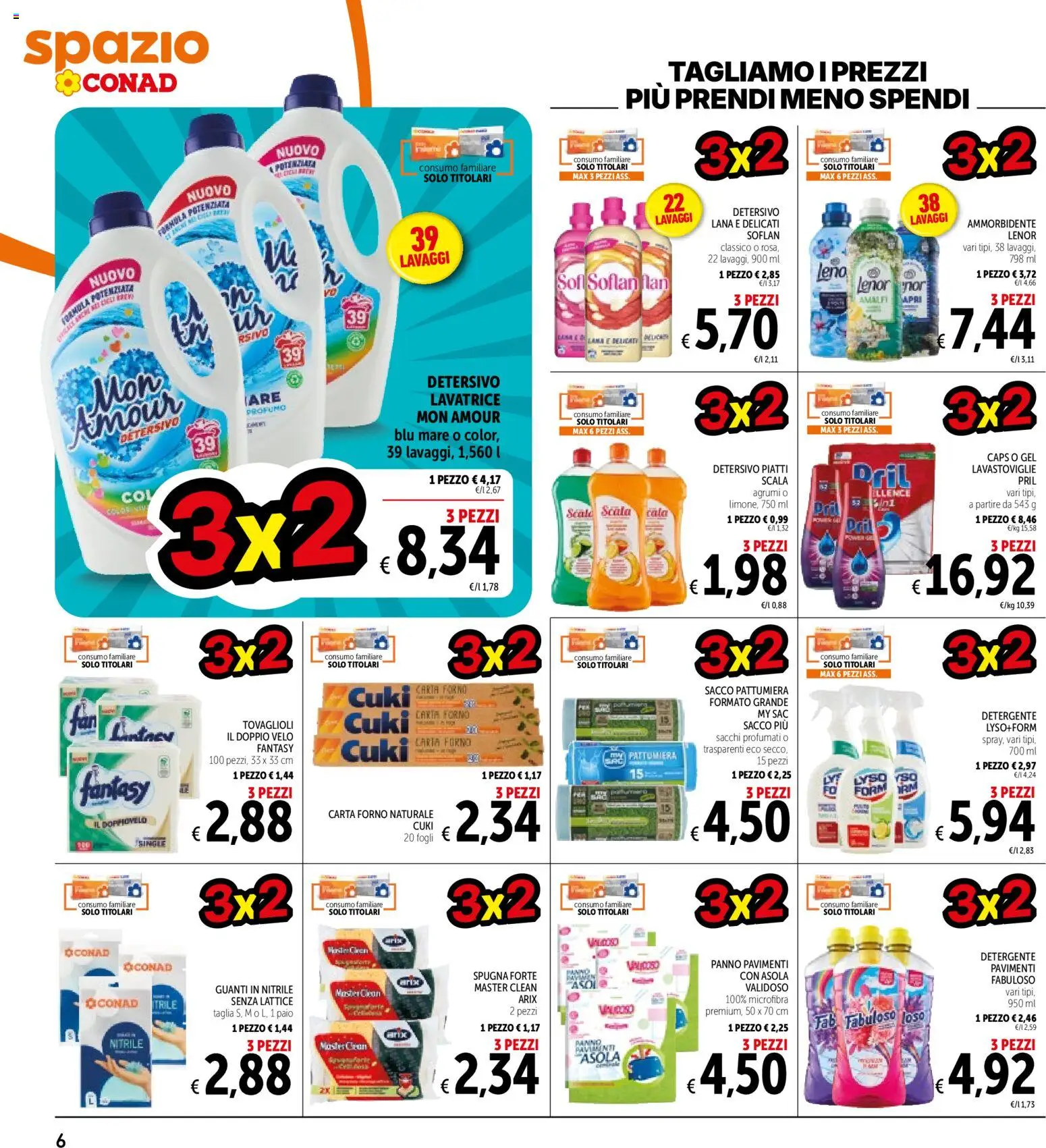 Volantino Spazio Conad del 16/10/2026 | Pagina: 6 | Prodotti: Detergente, Piatti, Guanti, Lavatrice