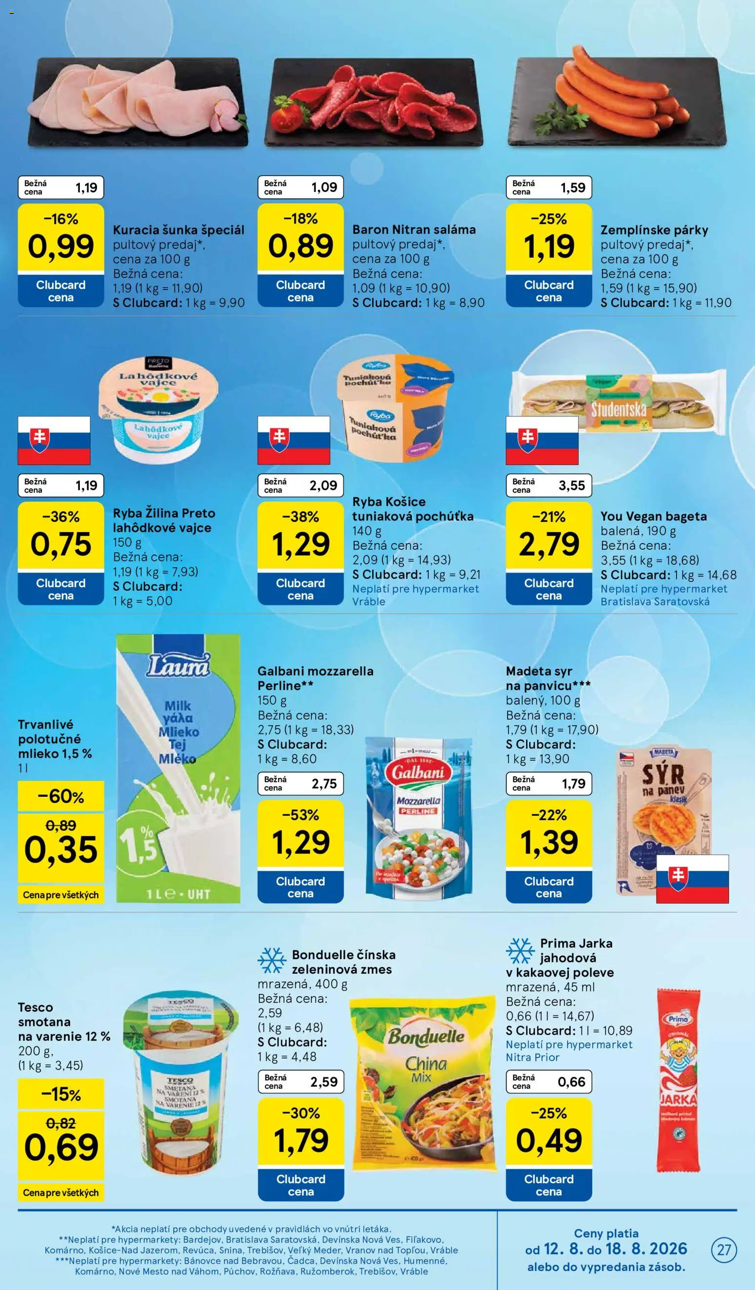 Nové Tesco akcie – leták je platný od 12.08.2026 | Strana: 27 | Produkty: Syr, Saláma, Bageta, Smotana na varenie
