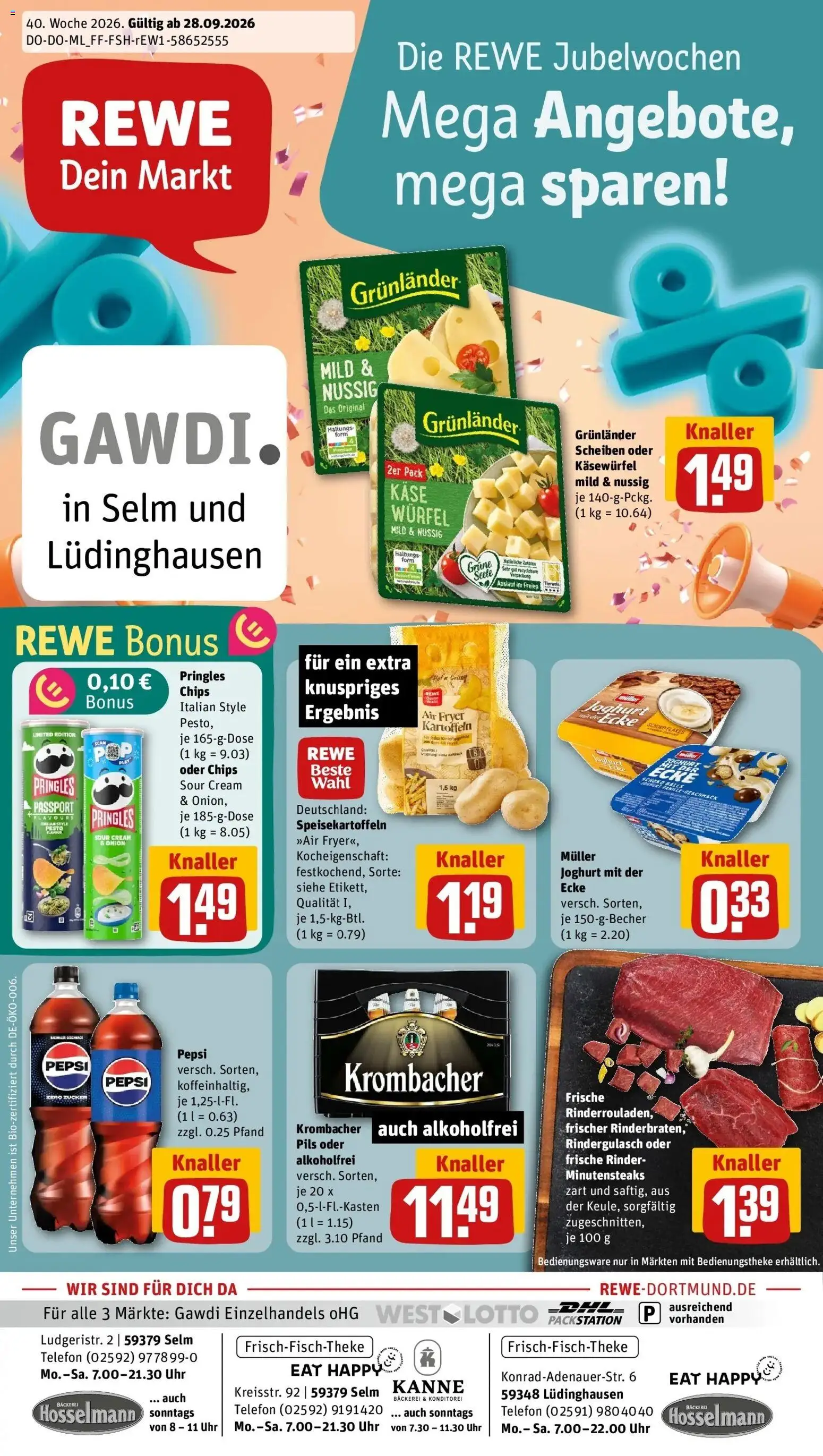 REWE Prospekt ab 28.09.2026 zum Blättern » Angebote | Seite: 1 | Produkte: Bäckerei, Käse, Zucker, Chips